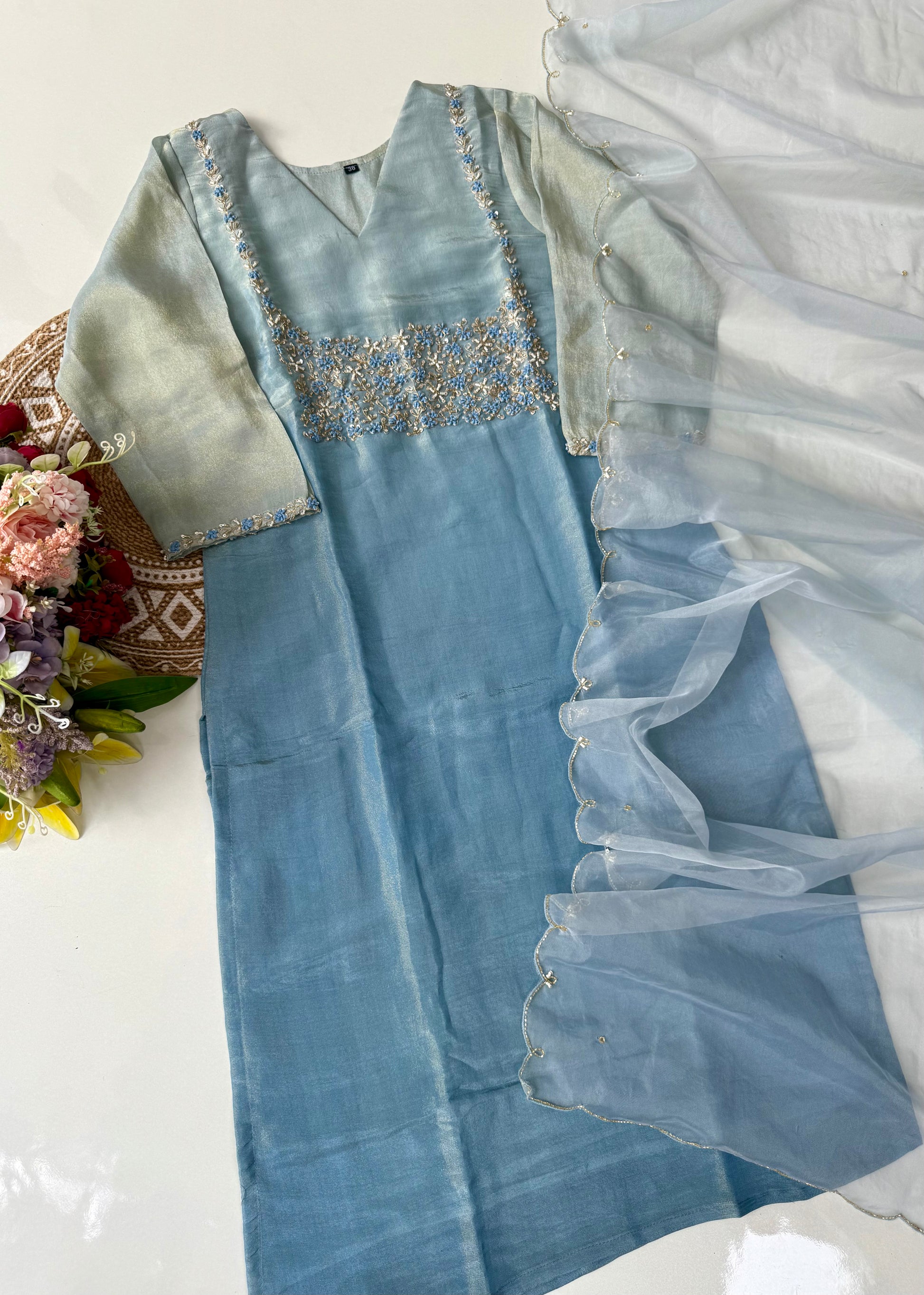 “Hansika” Ombre Tissue silk handcrafted kurti bottom dupatta set 🛍️