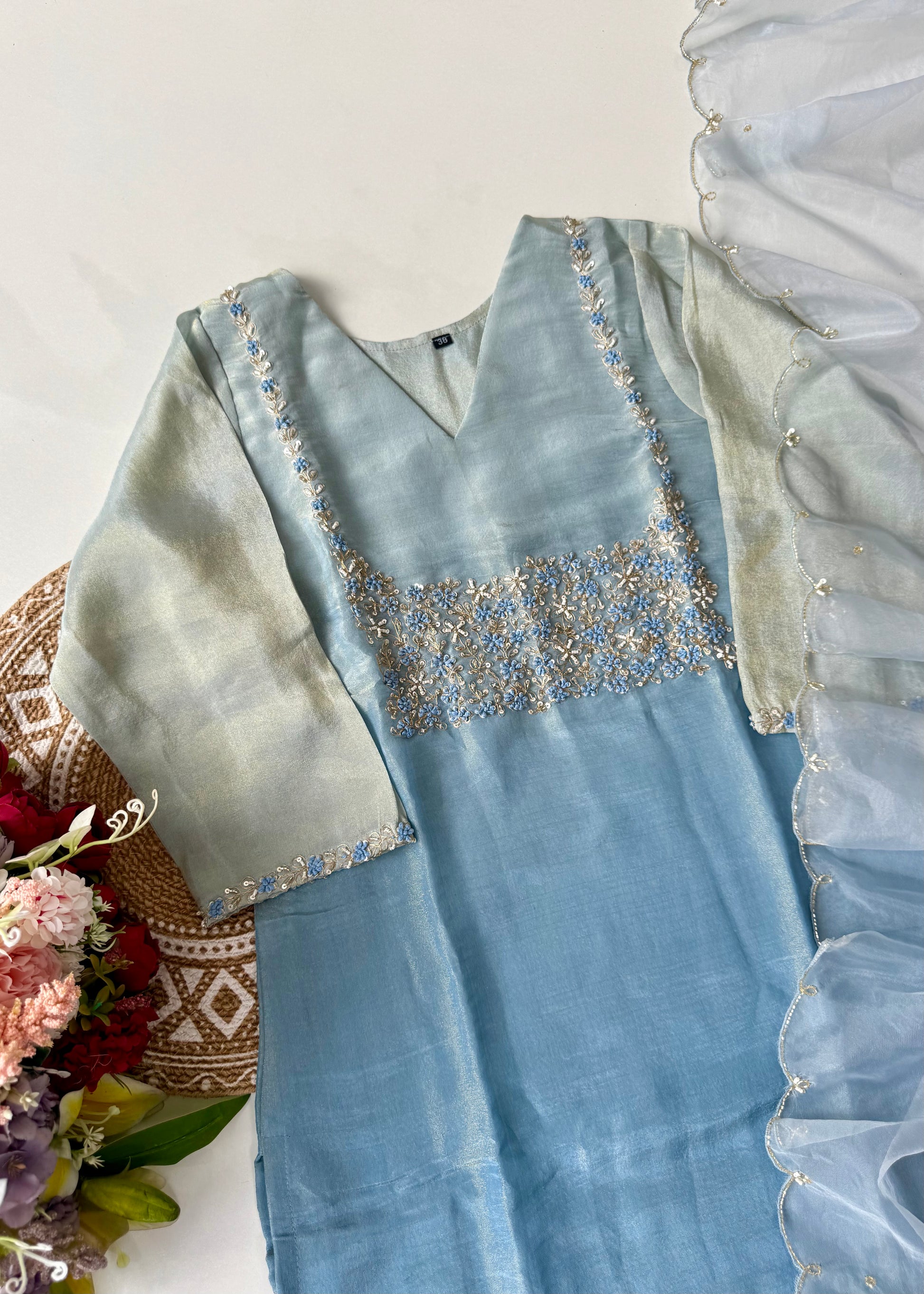 “Hansika” Ombre Tissue silk handcrafted kurti bottom dupatta set 🛍️