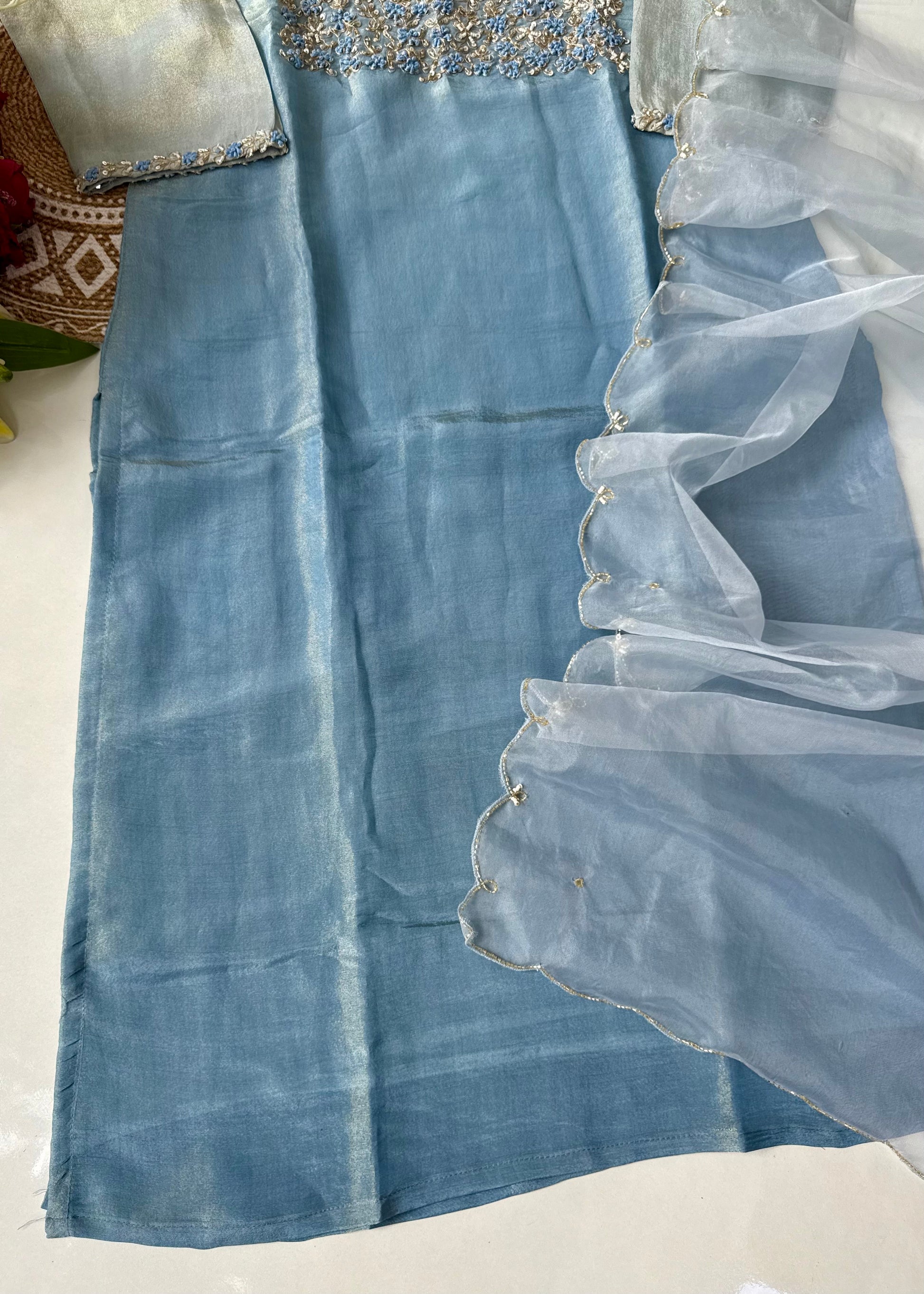 “Hansika” Ombre Tissue silk handcrafted kurti bottom dupatta set 🛍️