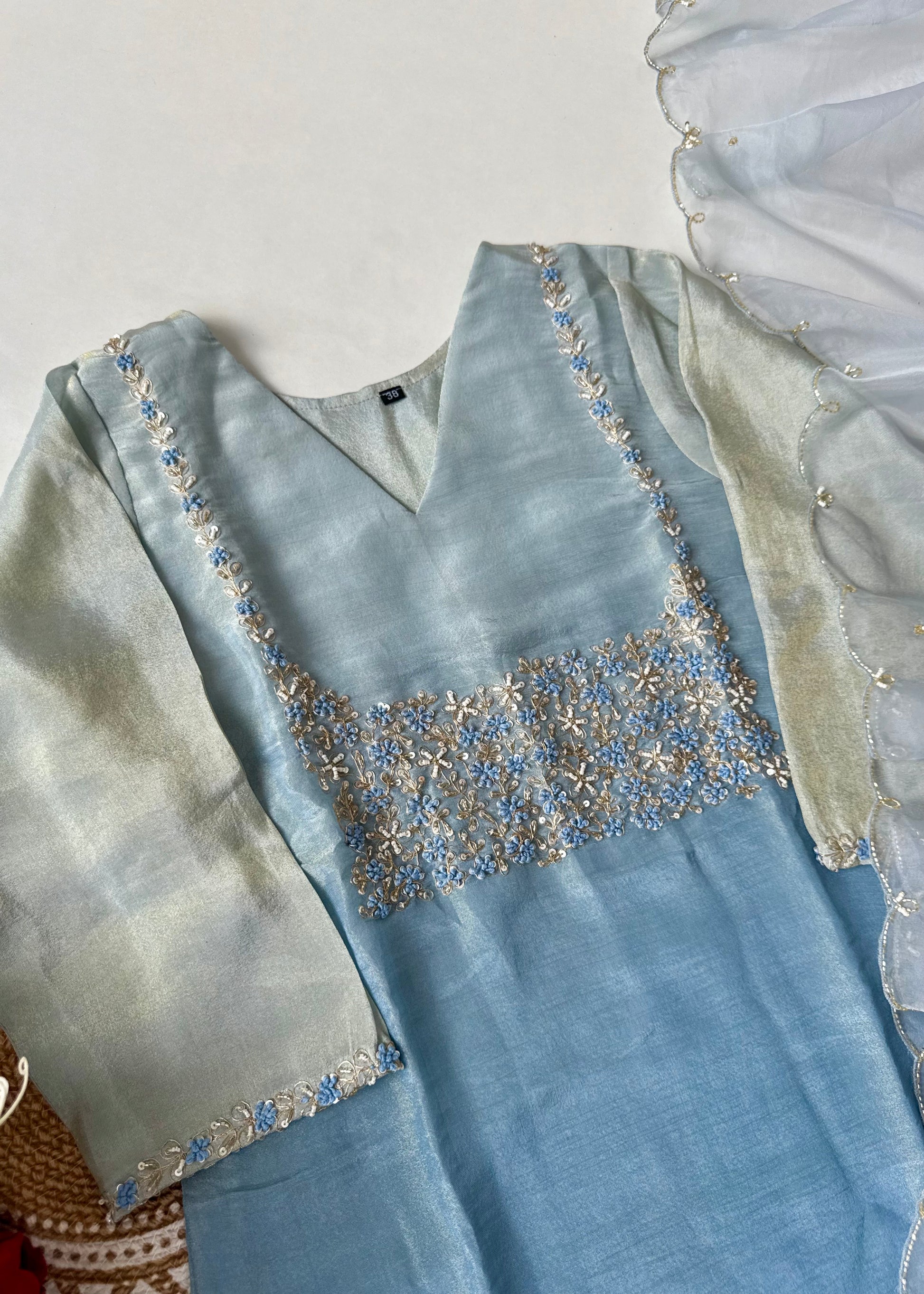 “Hansika” Ombre Tissue silk handcrafted kurti bottom dupatta set 🛍️