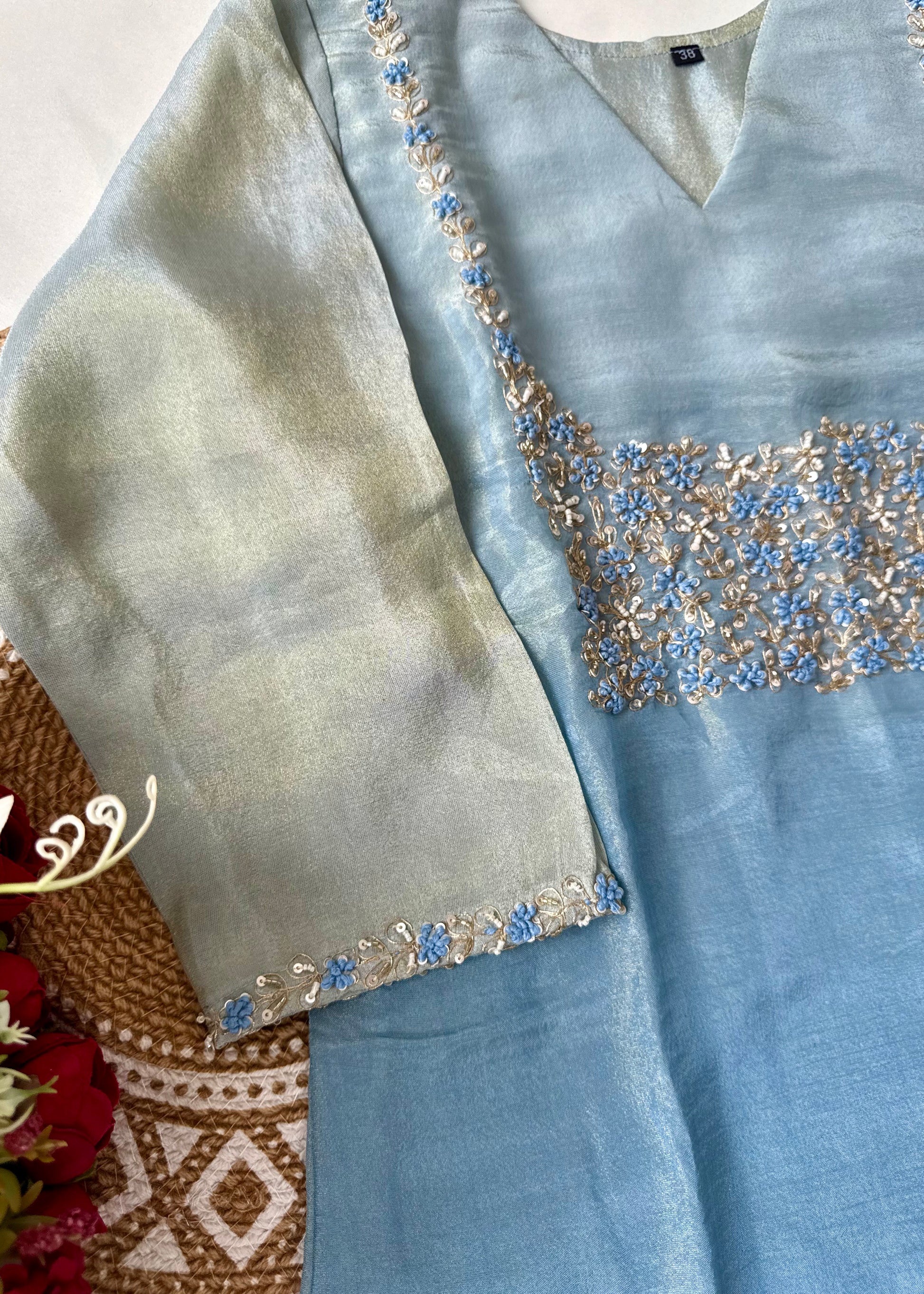 “Hansika” Ombre Tissue silk handcrafted kurti bottom dupatta set 🛍️