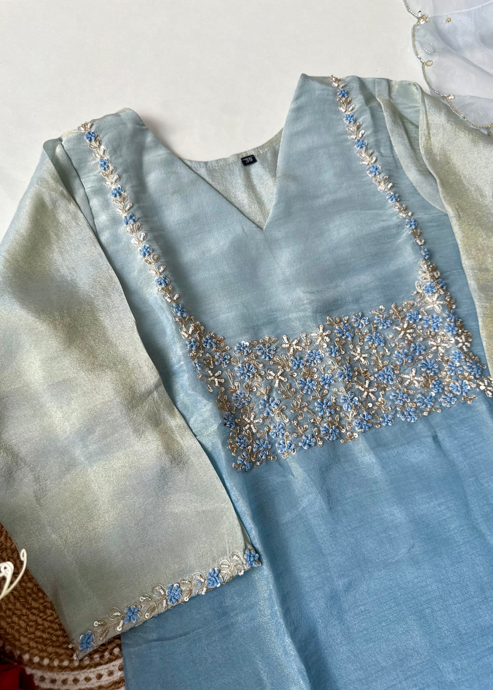 “Hansika” Ombre Tissue silk handcrafted kurti bottom dupatta set 🛍️