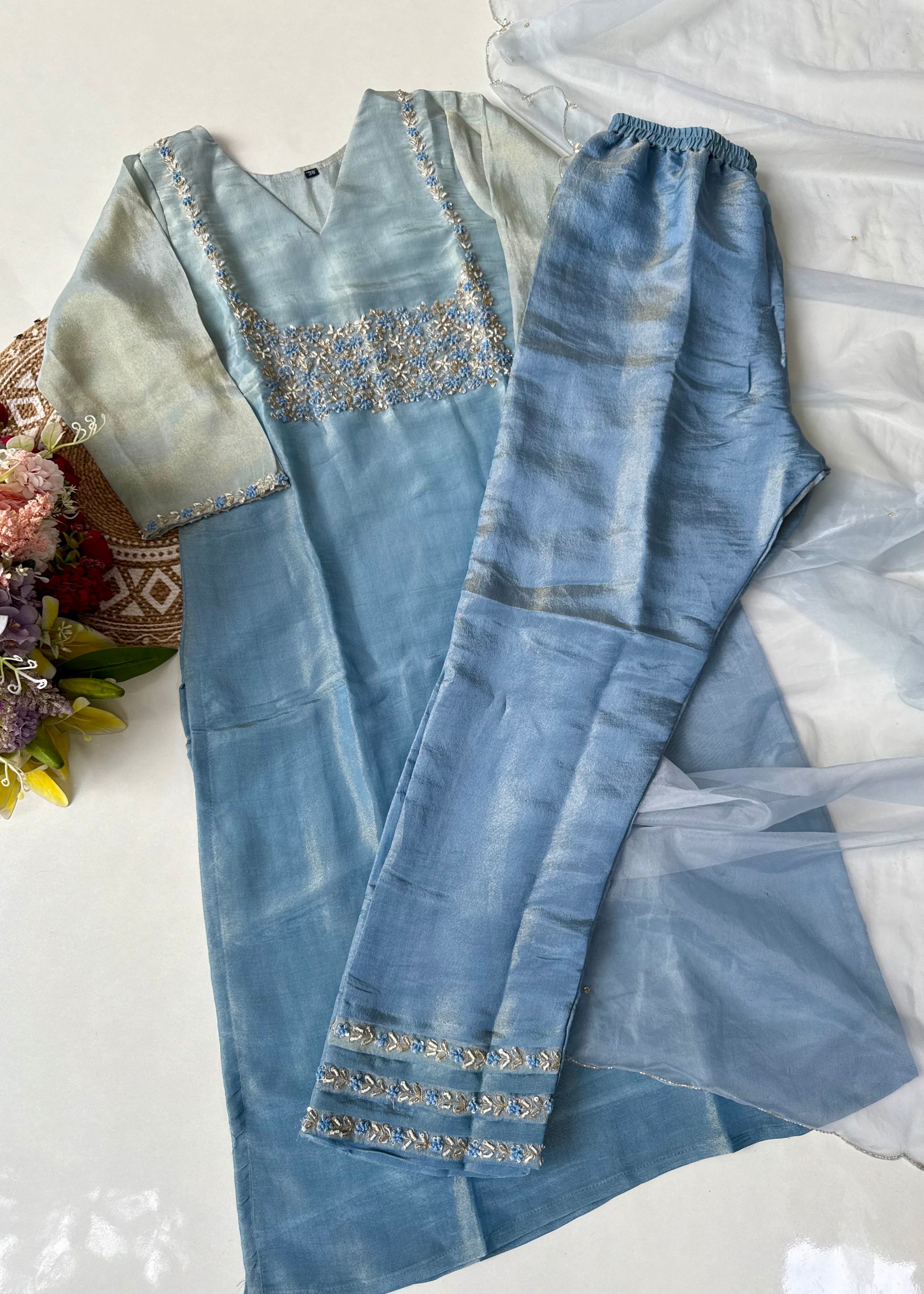 “Hansika” Ombre Tissue silk handcrafted kurti bottom dupatta set 🛍️