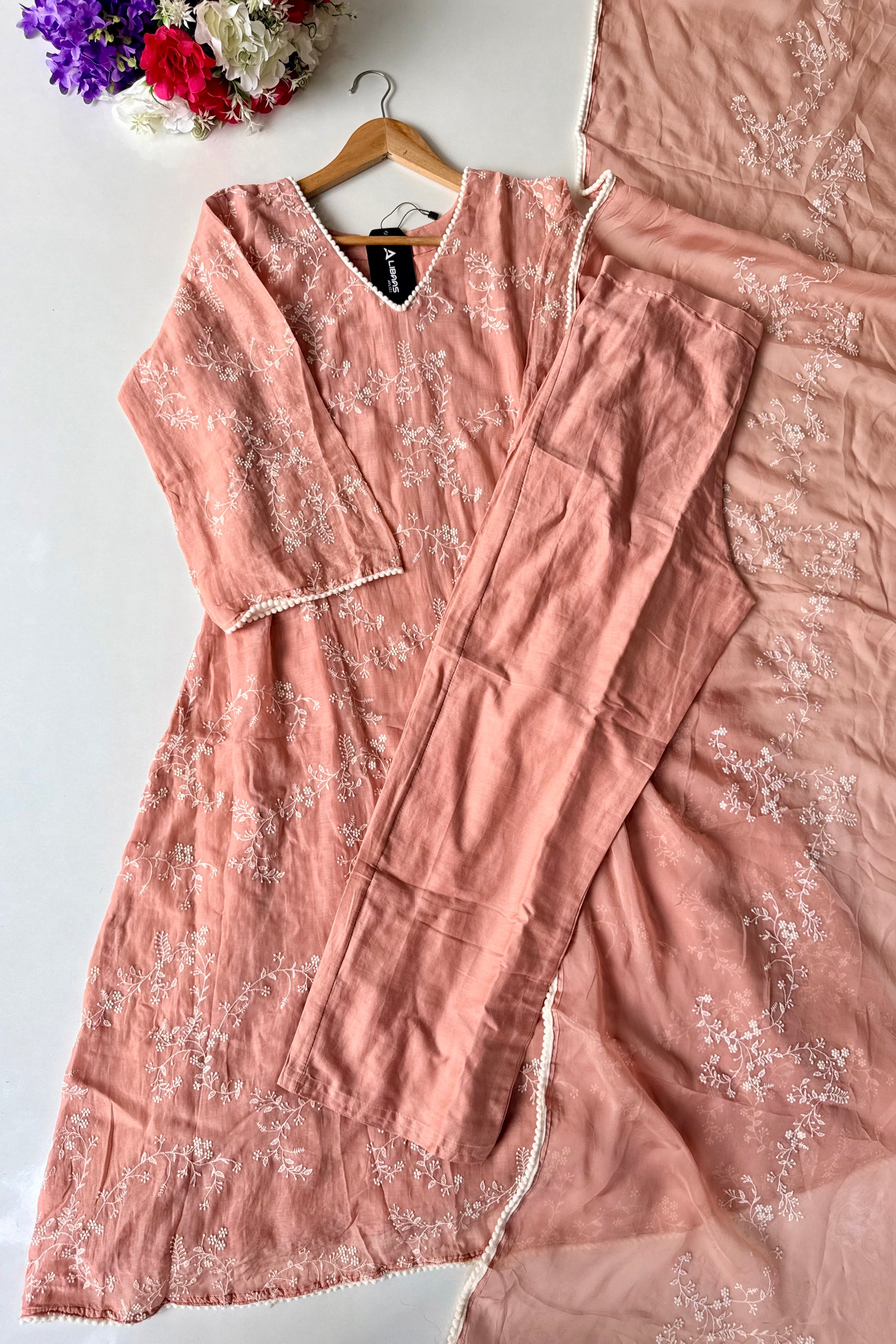 “Elina” Blush Peach Mul Chanderi A Line Suit set 🛍️