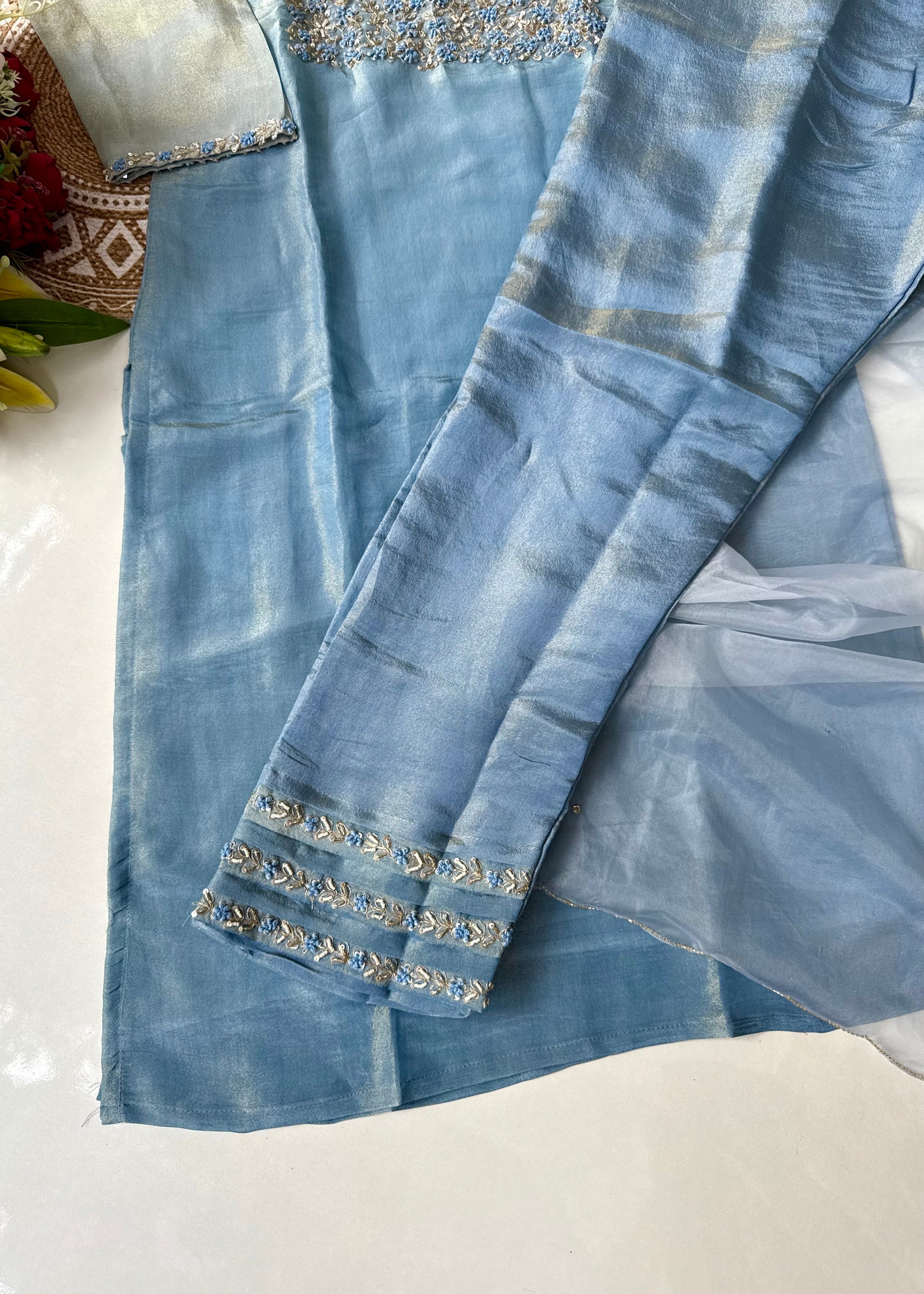“Hansika” Ombre Tissue silk handcrafted kurti bottom dupatta set 🛍️