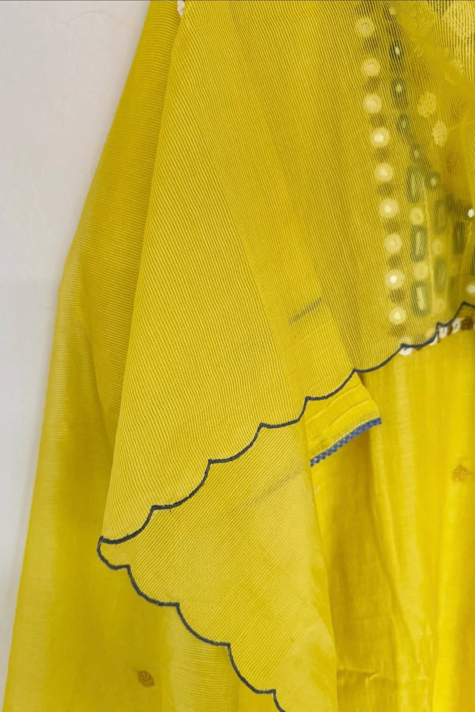 “Mirror” Lemon Yellow Mul Chanderi Mirror Work A Line kurta set
