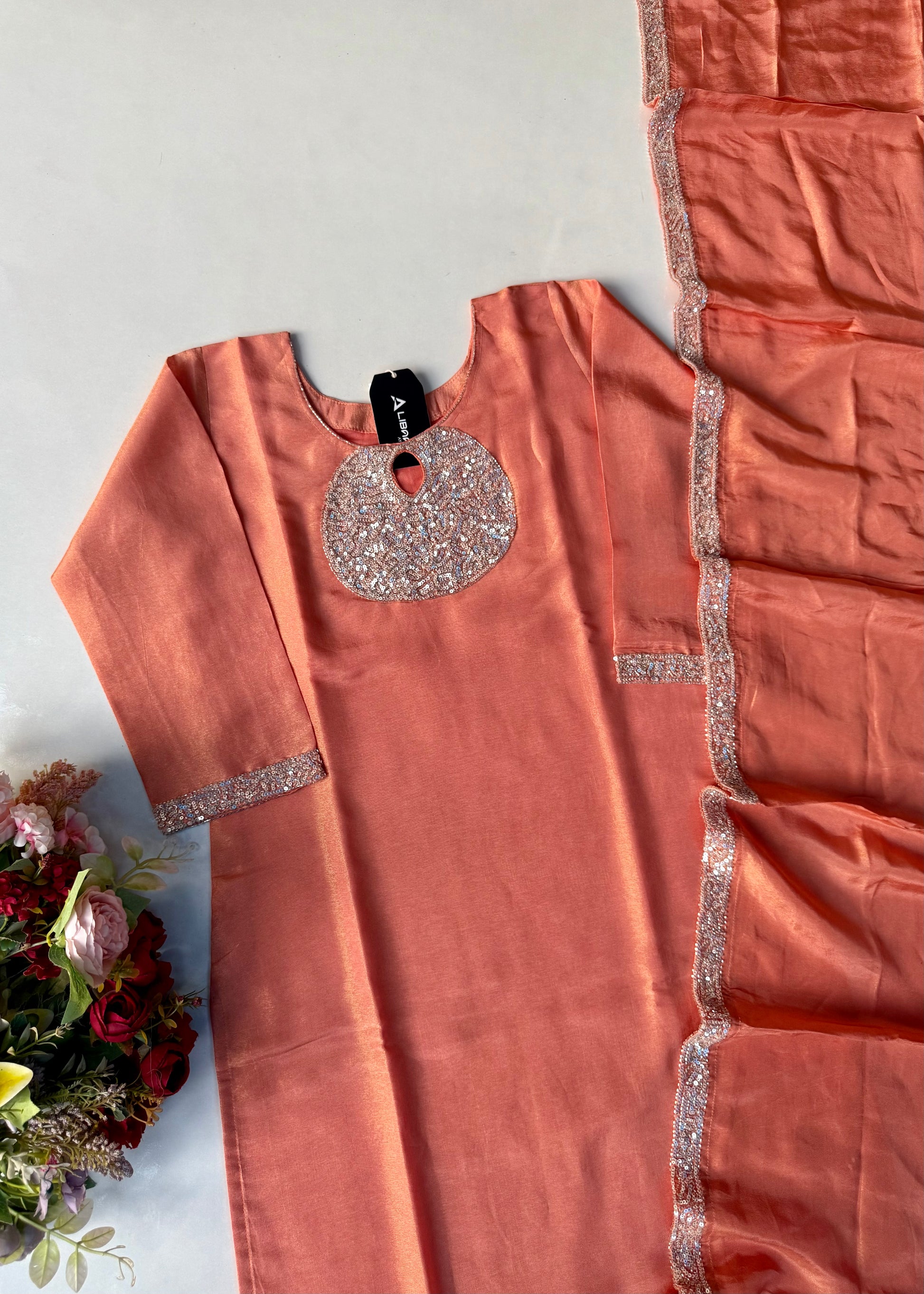 “SHINE” Beautiful Peach with gold tone shimmer tissue kurta set
