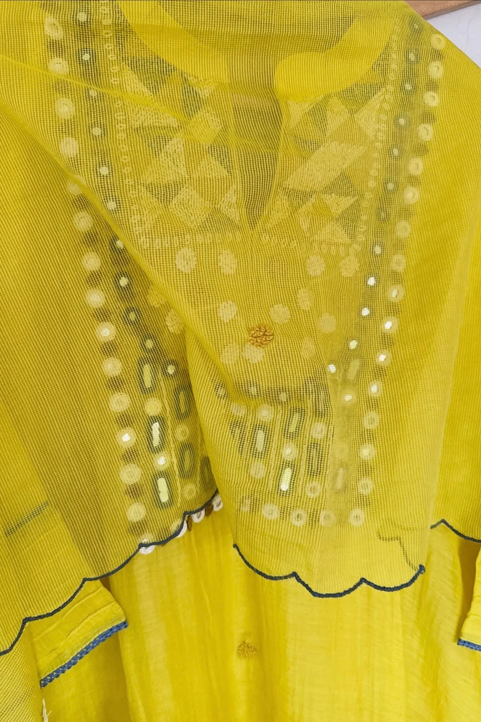 “Mirror” Lemon Yellow Mul Chanderi Mirror Work A Line kurta set