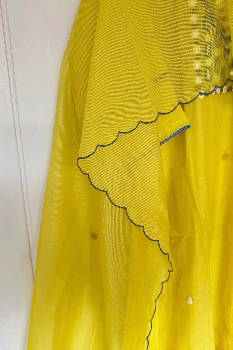 “Mirror” Lemon Yellow Mul Chanderi Mirror Work A Line kurta set