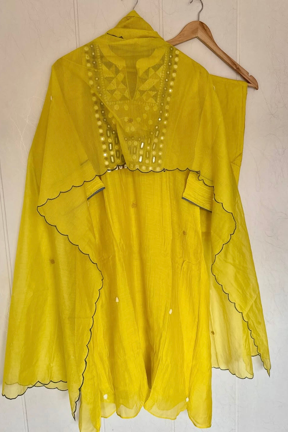 “Mirror” Lemon Yellow Mul Chanderi Mirror Work A Line kurta set