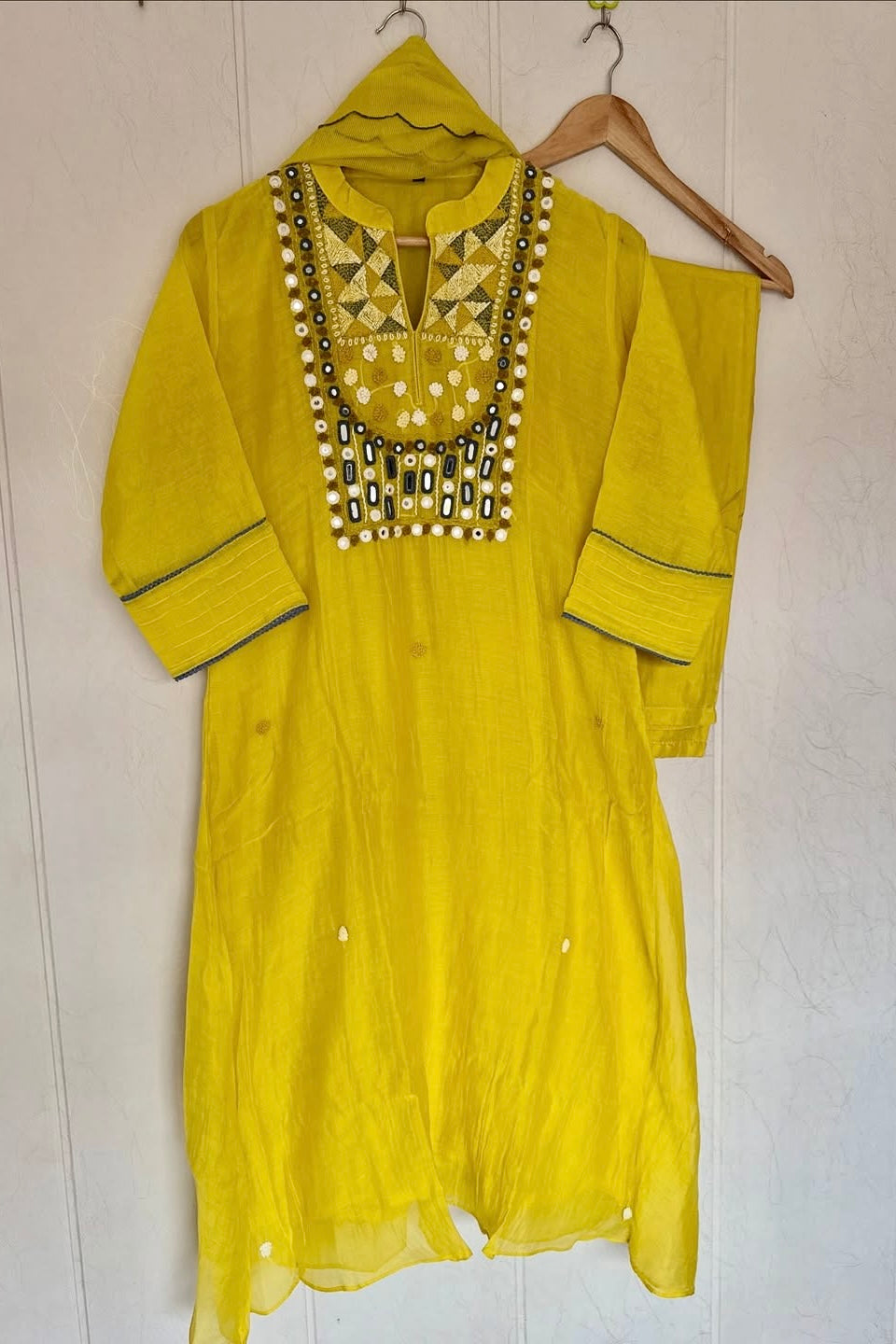 “Mirror” Lemon Yellow Mul Chanderi Mirror Work A Line kurta set