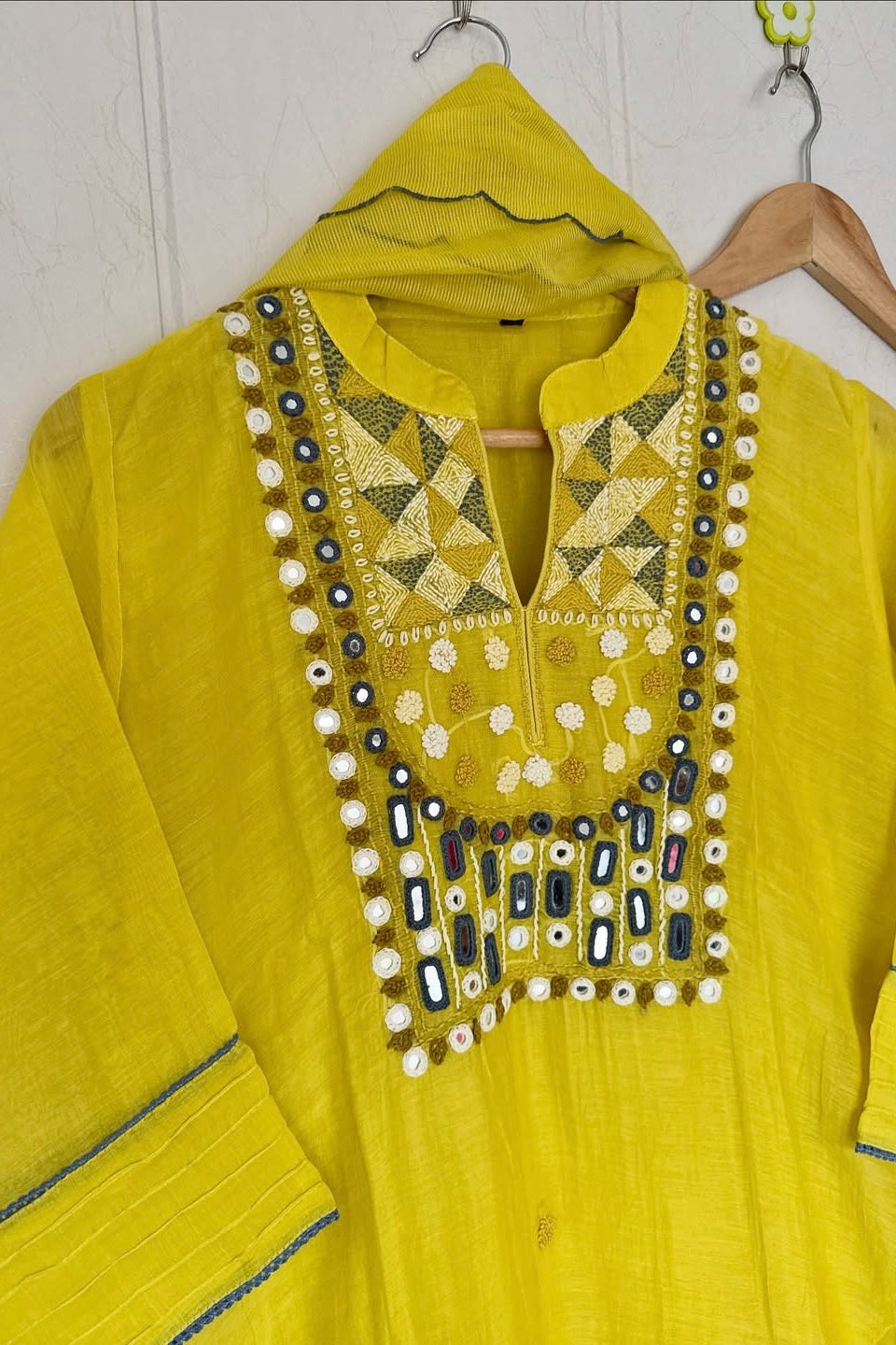 “Mirror” Lemon Yellow Mul Chanderi Mirror Work A Line kurta set