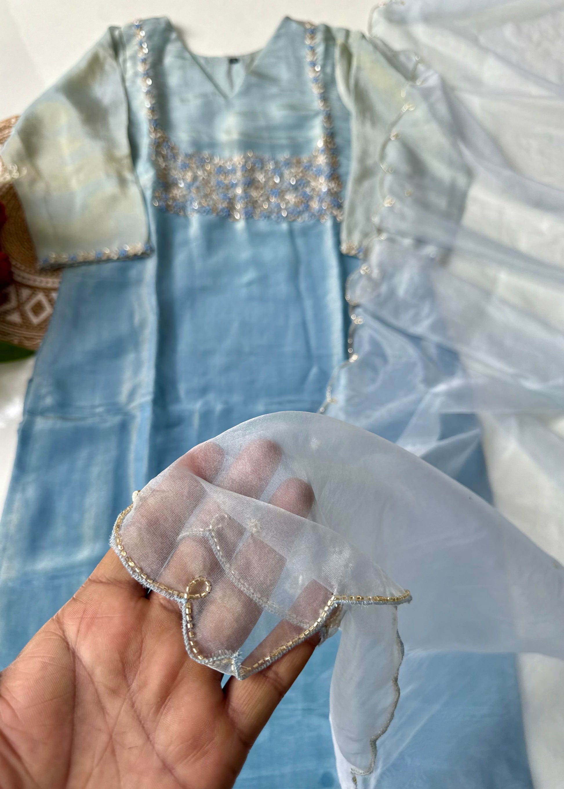 “Hansika” Ombre Tissue silk handcrafted kurti bottom dupatta set 🛍️