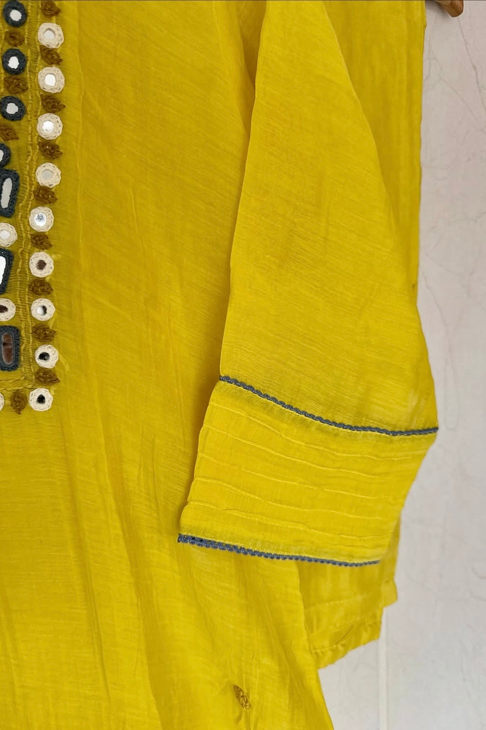 “Mirror” Lemon Yellow Mul Chanderi Mirror Work A Line kurta set