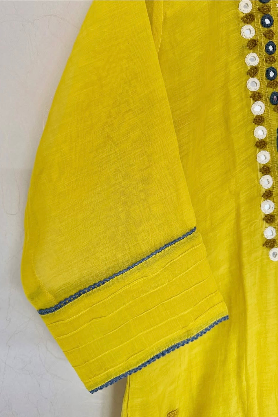 “Mirror” Lemon Yellow Mul Chanderi Mirror Work A Line kurta set