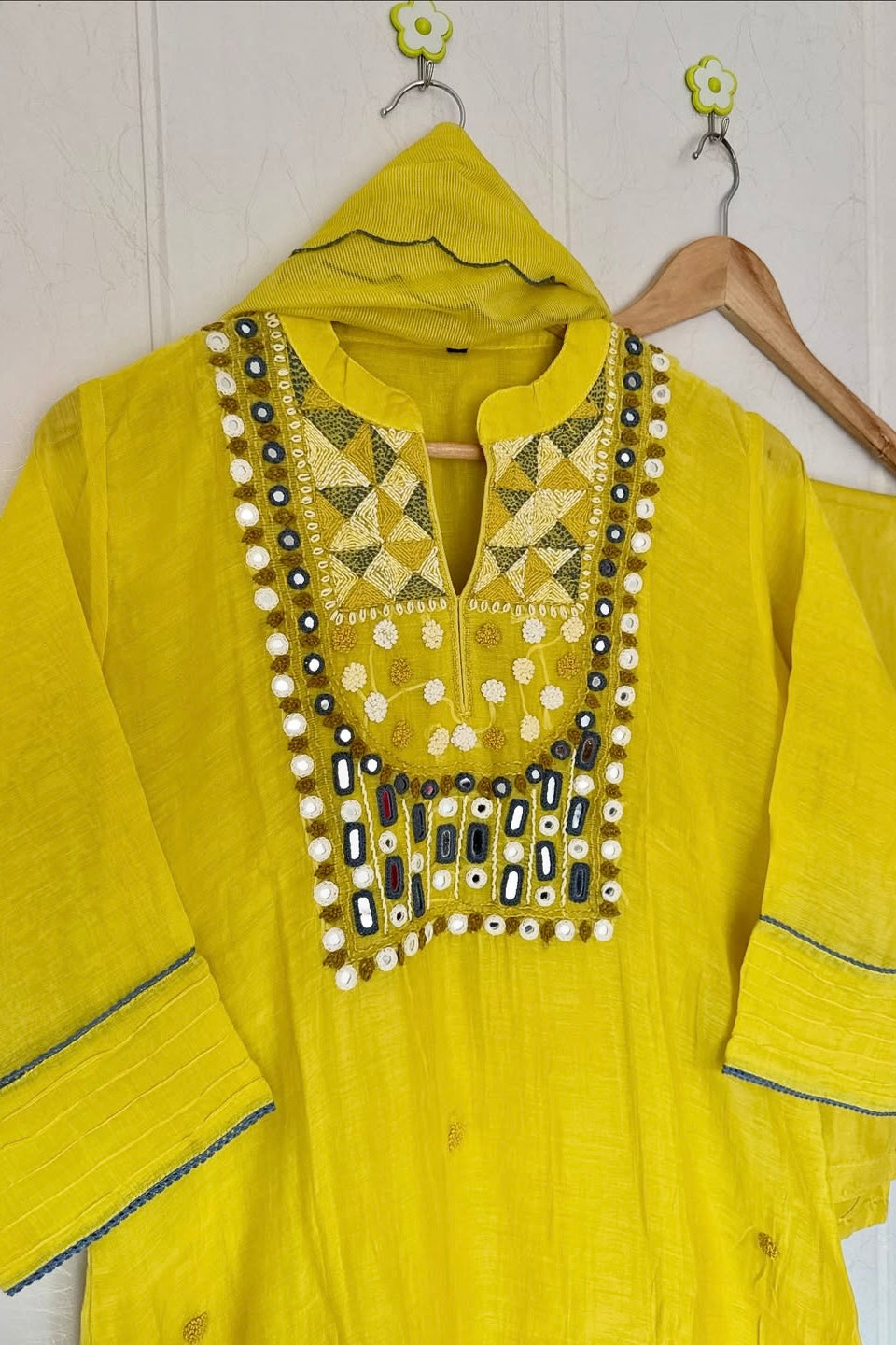 “Mirror” Lemon Yellow Mul Chanderi Mirror Work A Line kurta set