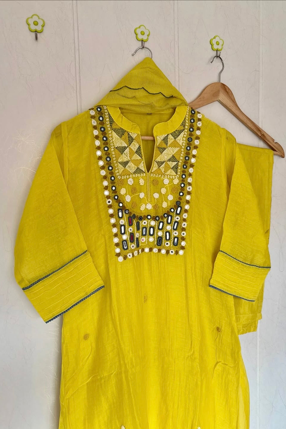 “Mirror” Lemon Yellow Mul Chanderi Mirror Work A Line kurta set