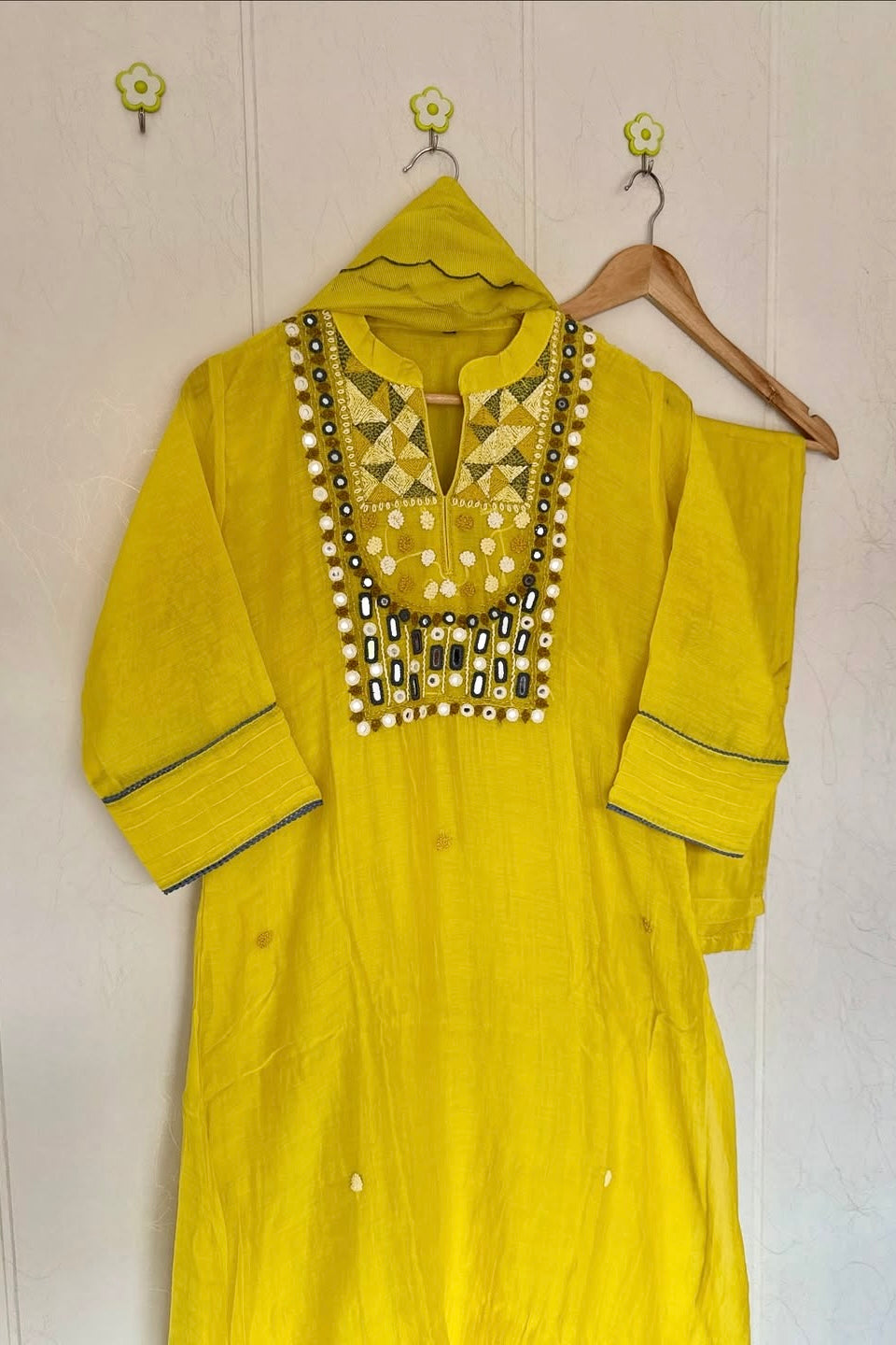 “Mirror” Lemon Yellow Mul Chanderi Mirror Work A Line kurta set