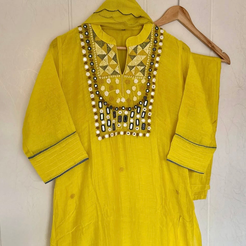 “Mirror” Lemon Yellow Mul Chanderi Mirror Work A Line kurta set