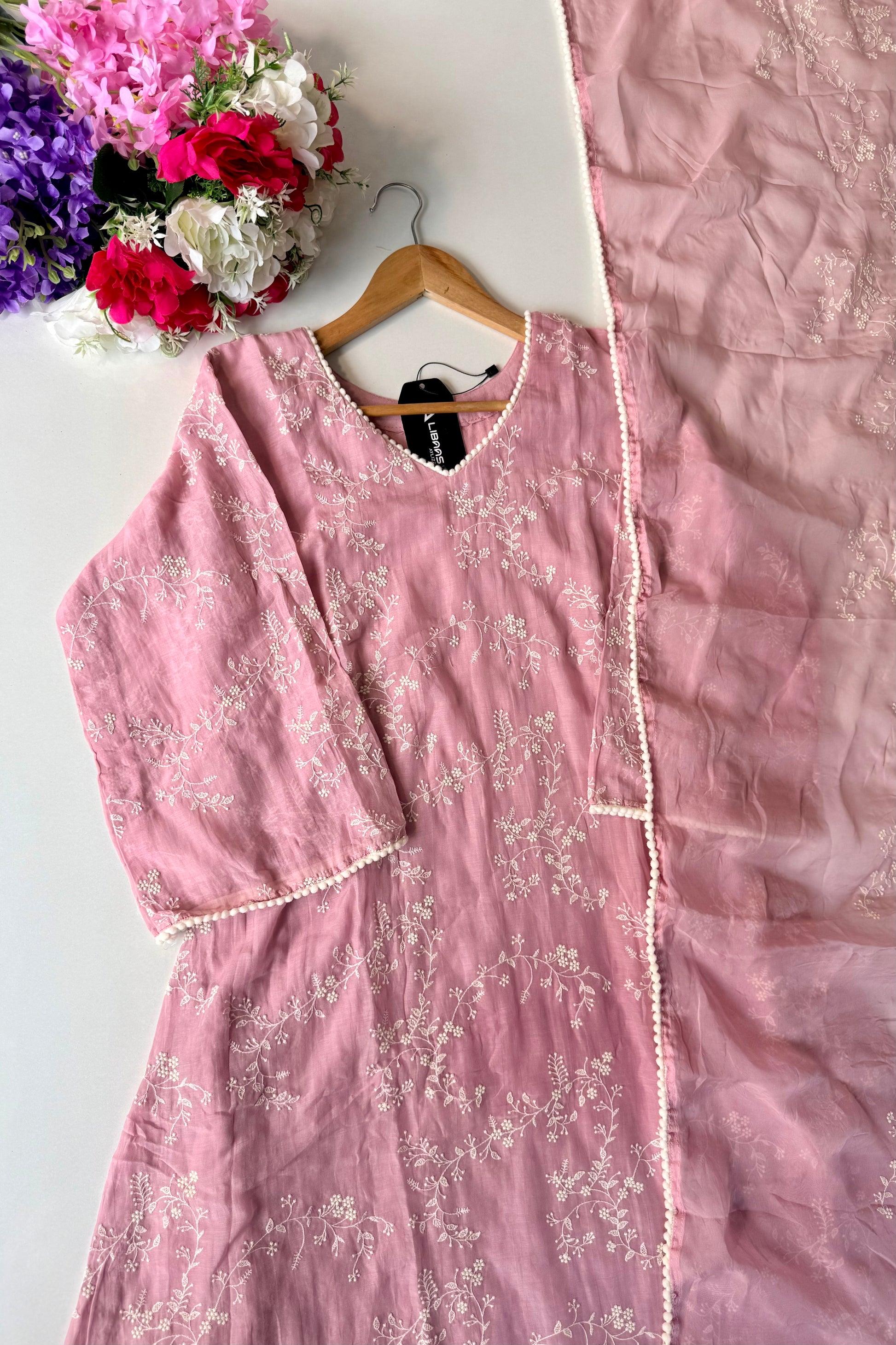 “Elina” Blossom Pink Mul Chanderi A Line Suit set 🛍️