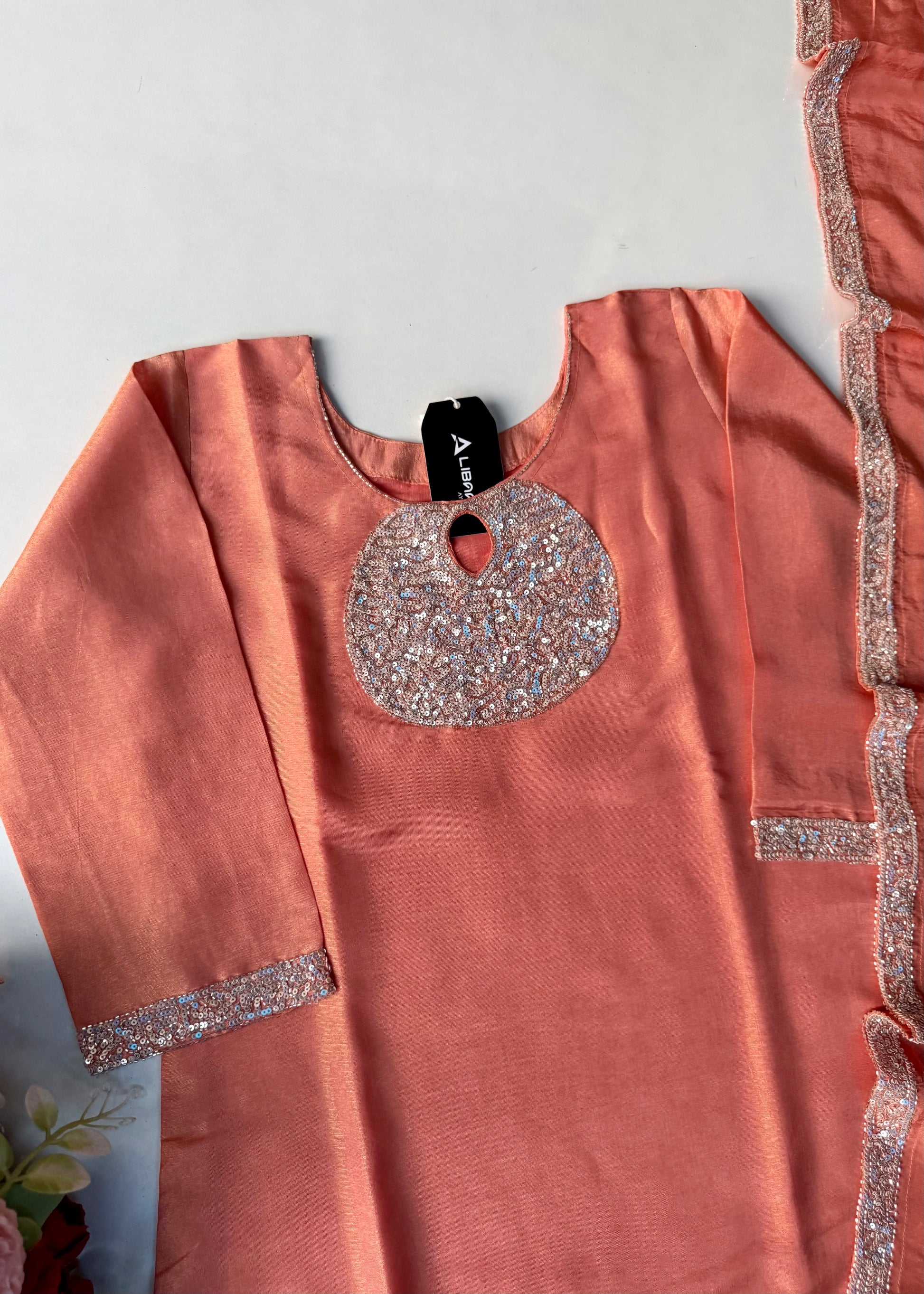 “SHINE” Beautiful Peach with gold tone shimmer tissue kurta set