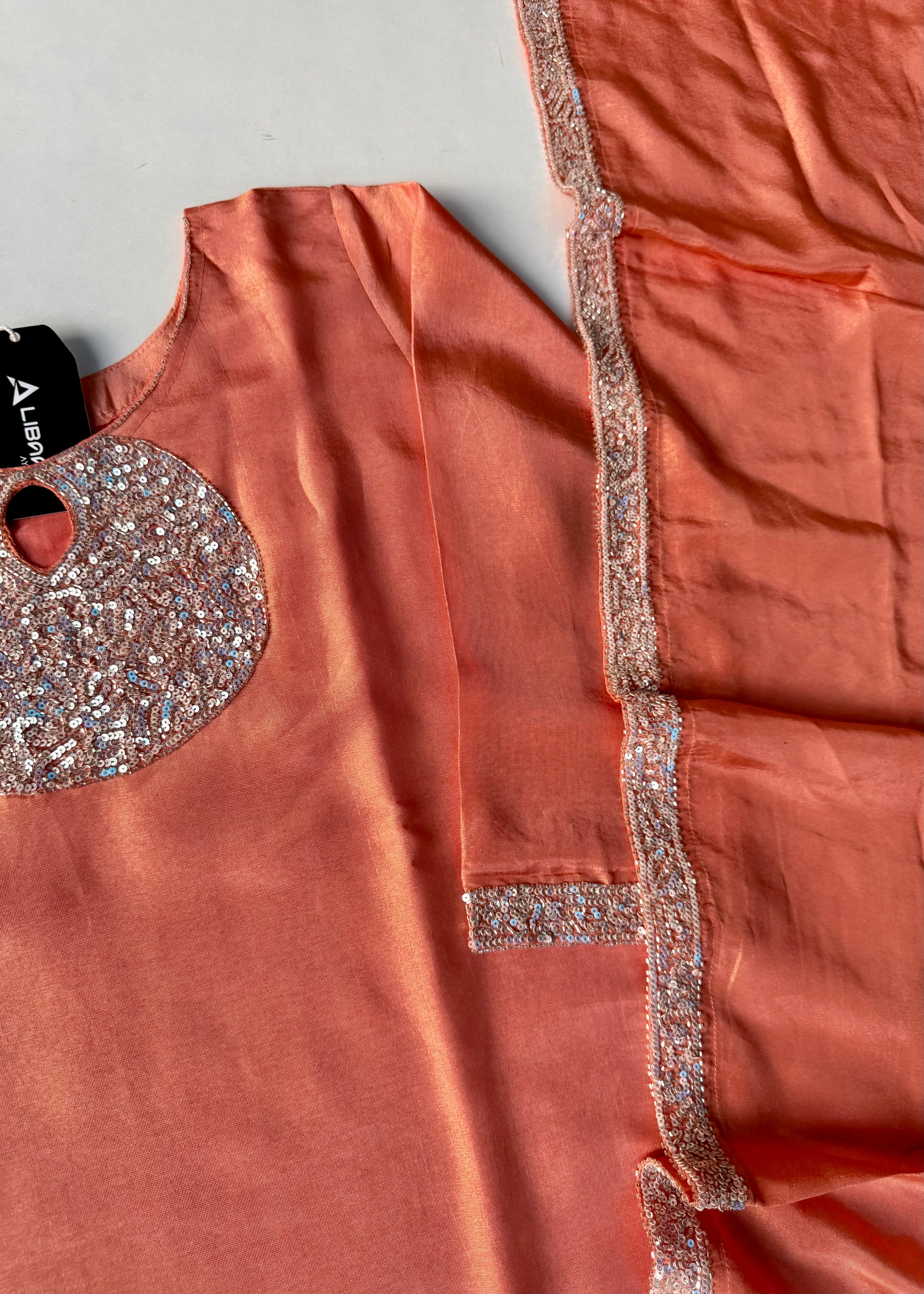 “SHINE” Beautiful Peach with gold tone shimmer tissue kurta set