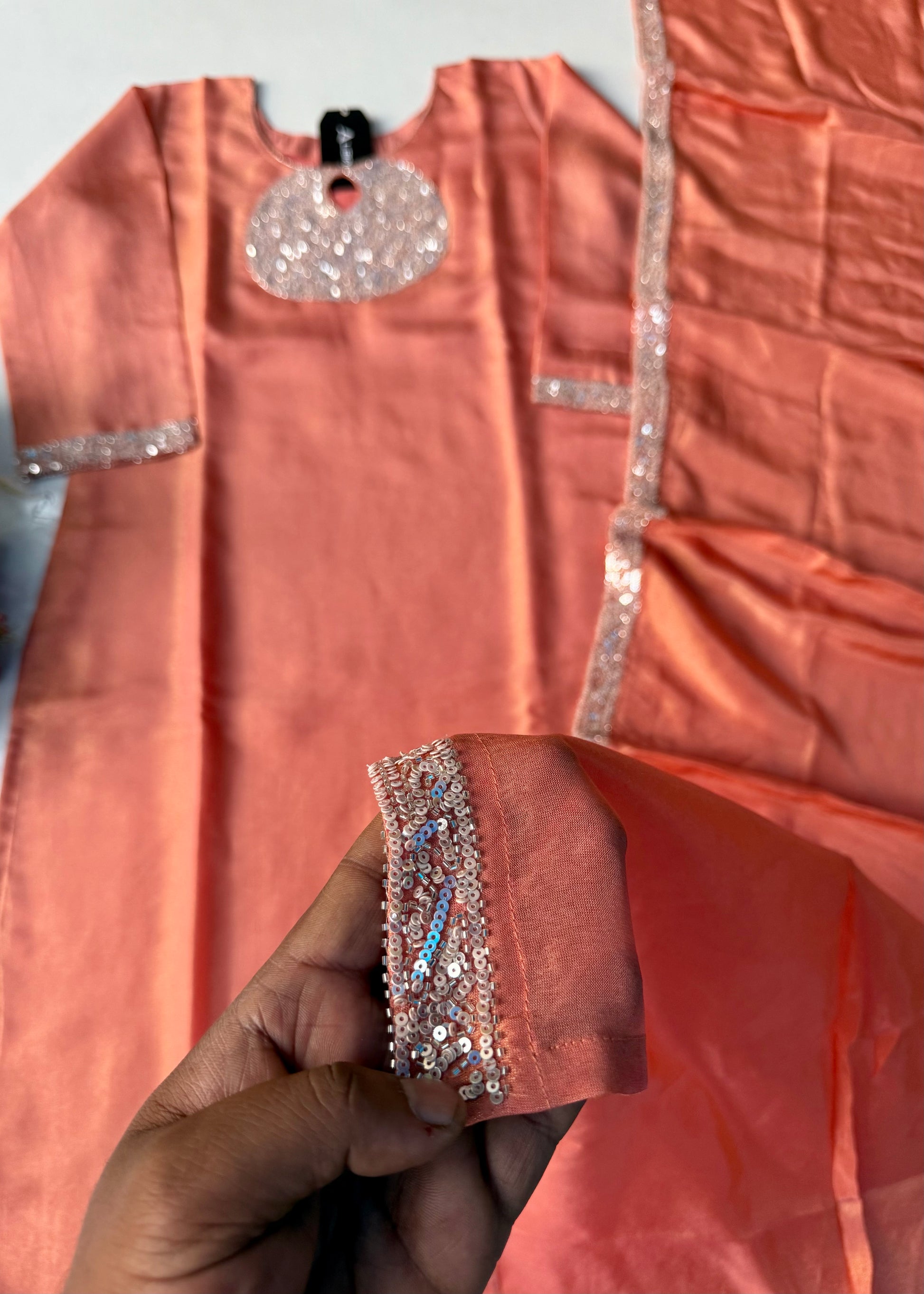“SHINE” Beautiful Peach with gold tone shimmer tissue kurta set