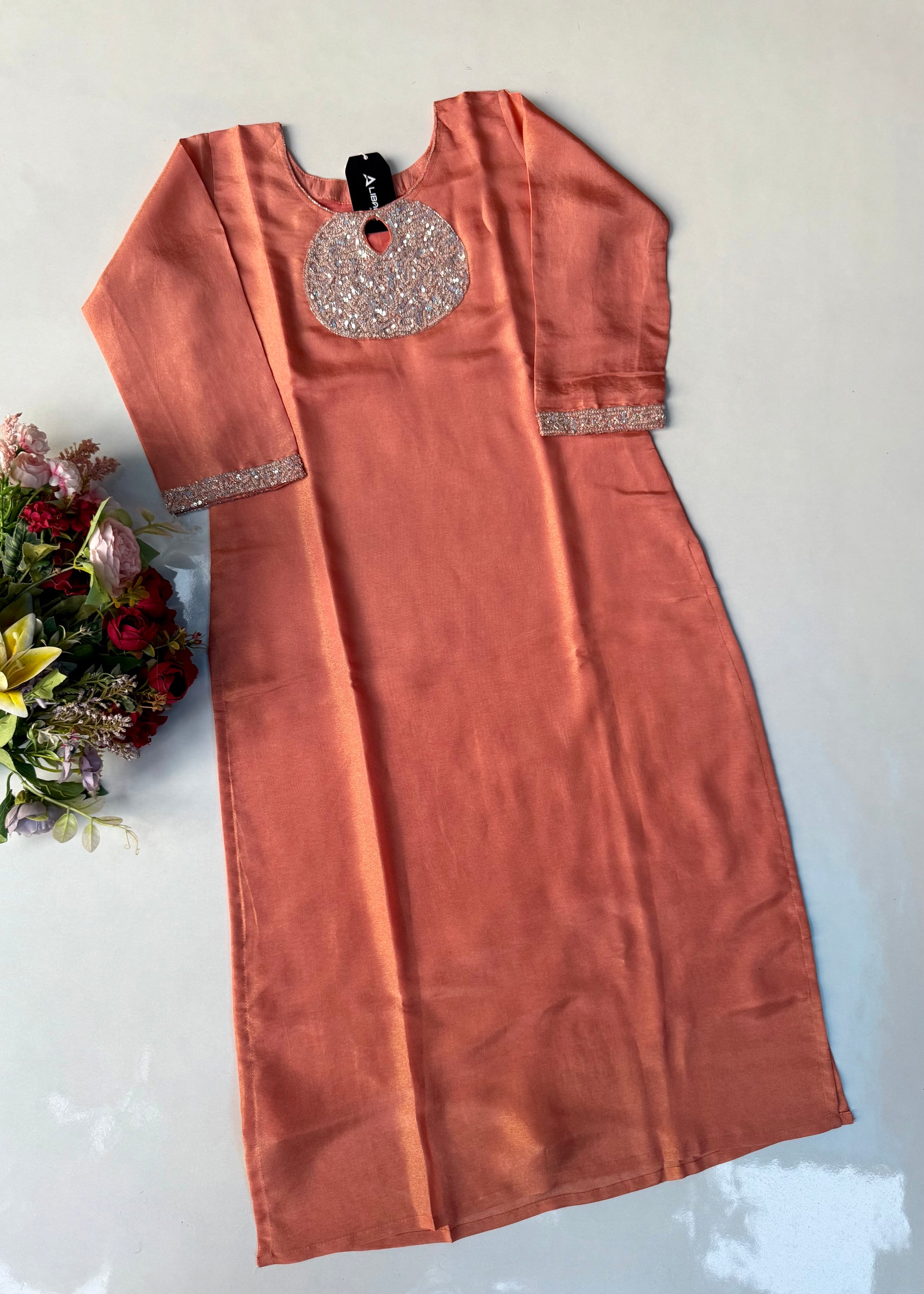 “SHINE” Beautiful Peach with gold tone shimmer tissue kurta set