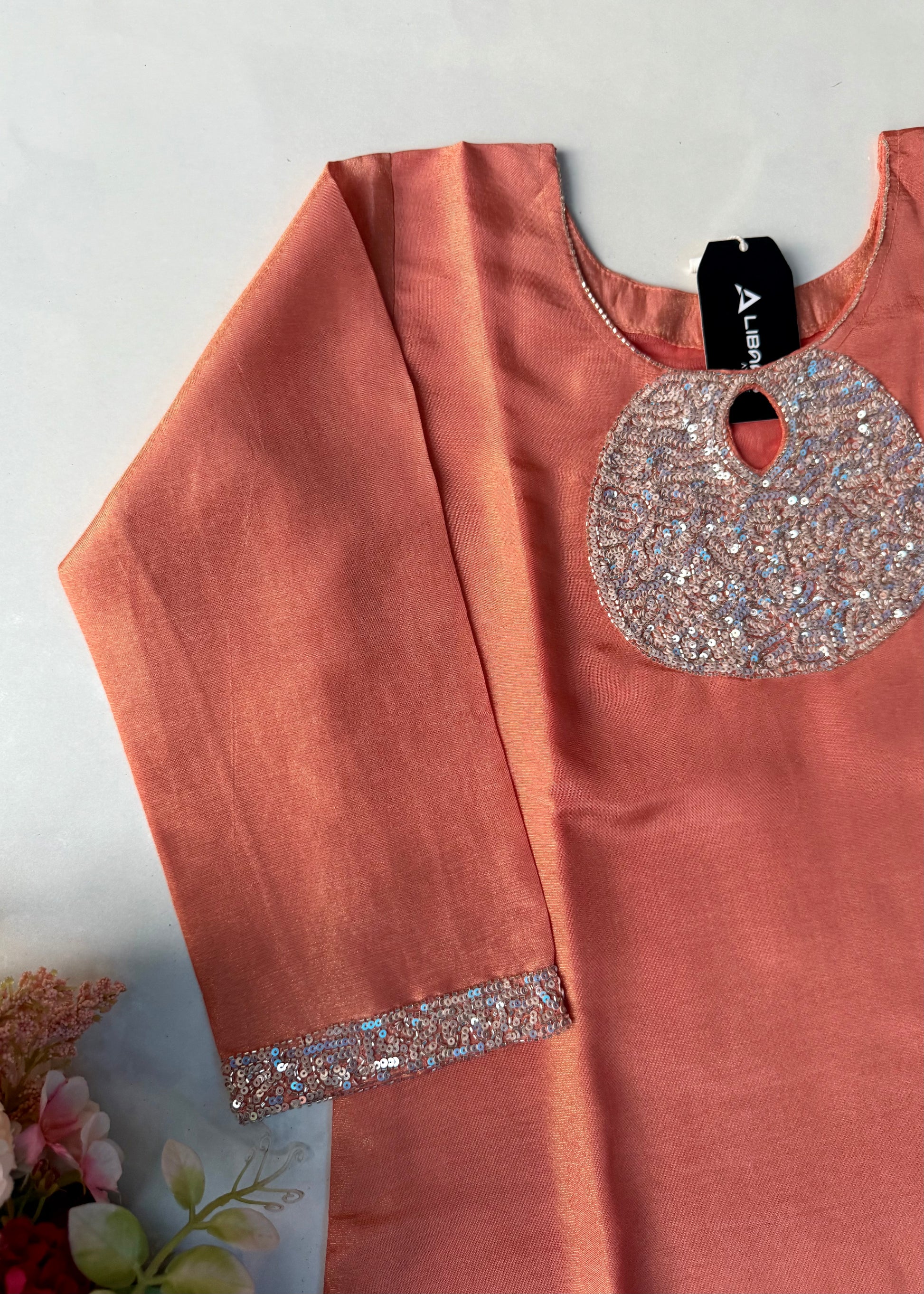 “SHINE” Beautiful Peach with gold tone shimmer tissue kurta set