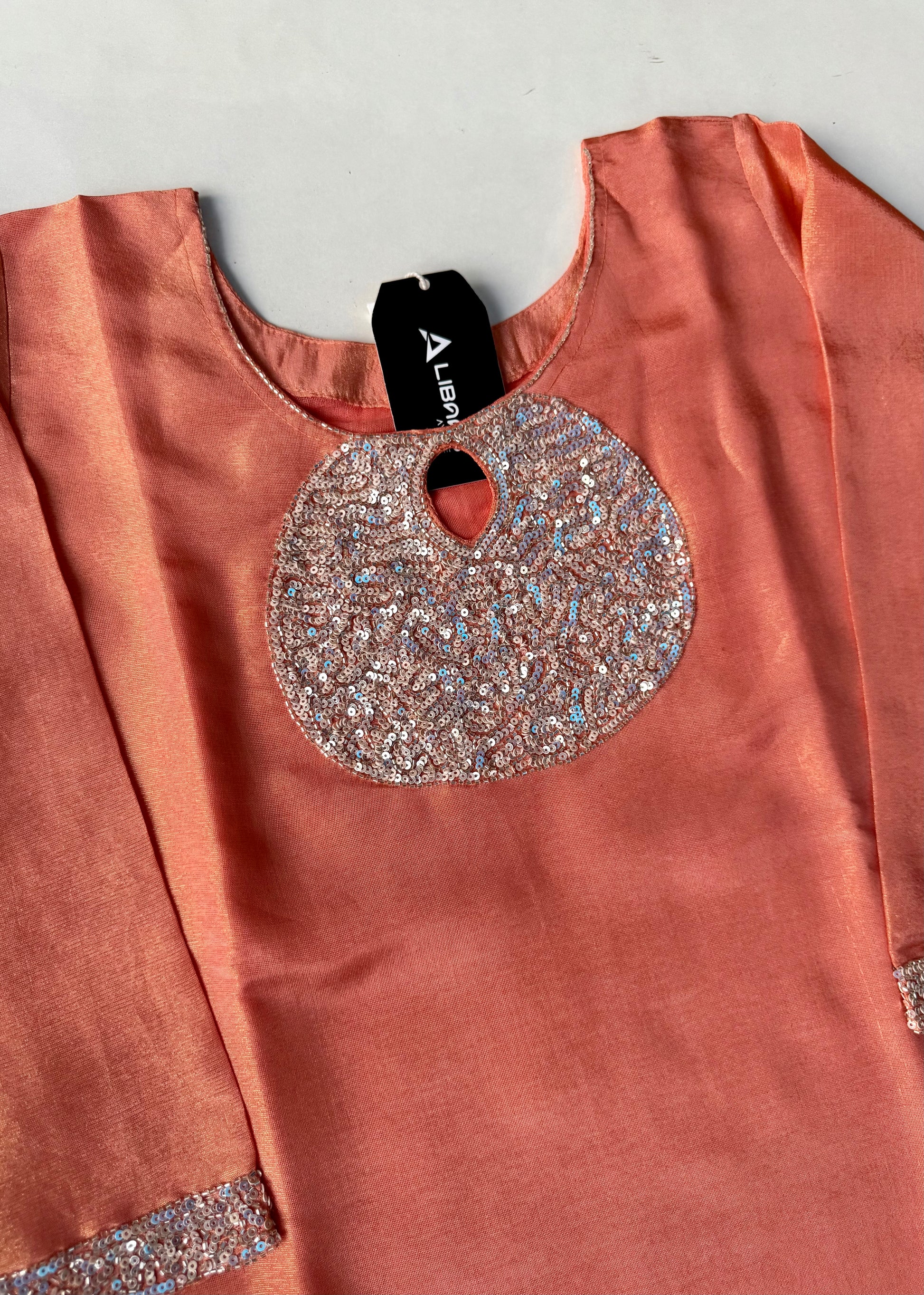 “SHINE” Beautiful Peach with gold tone shimmer tissue kurta set