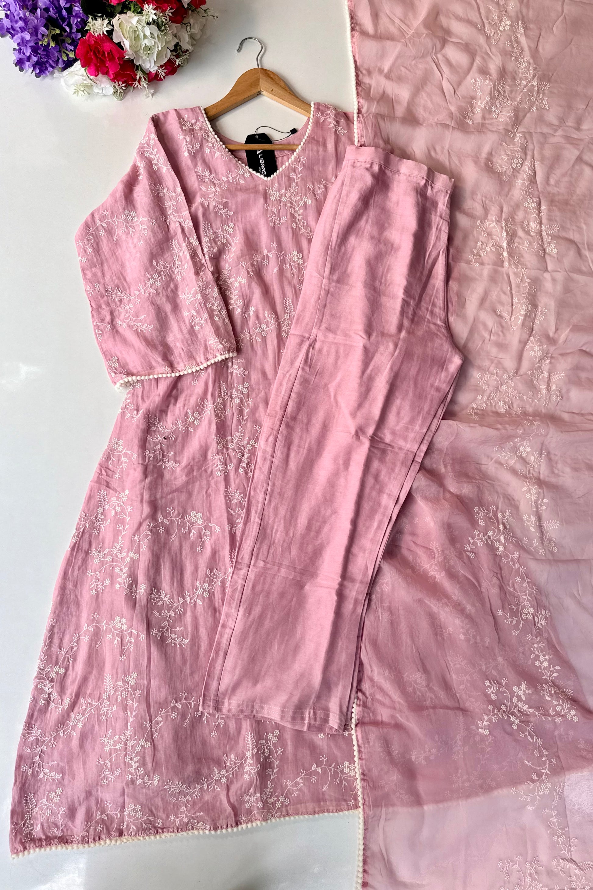 “Elina” Blossom Pink Mul Chanderi A Line Suit set 🛍️