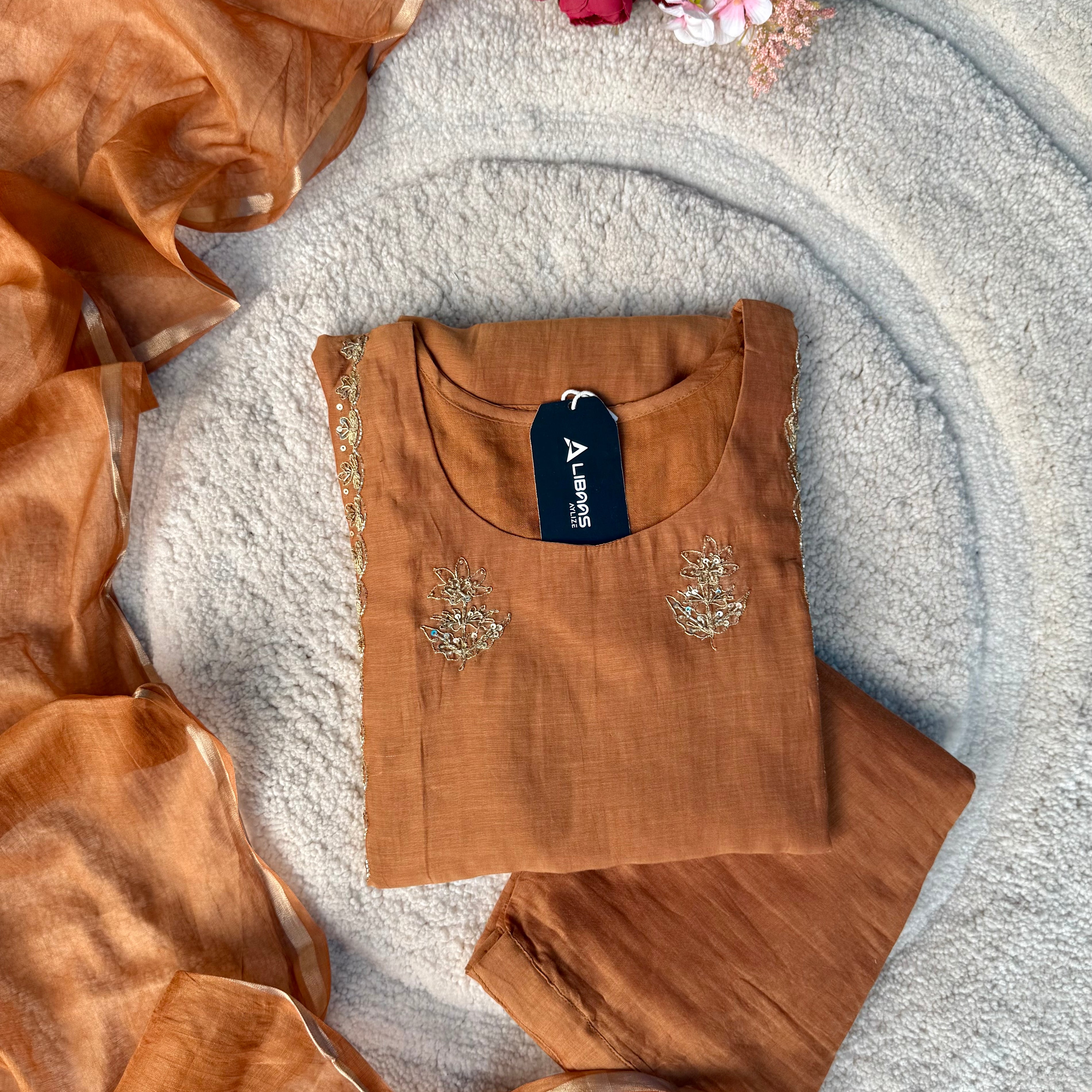 “Ujjwal” Copper Brown Mul Chanderi A Line Suit set 🛍️