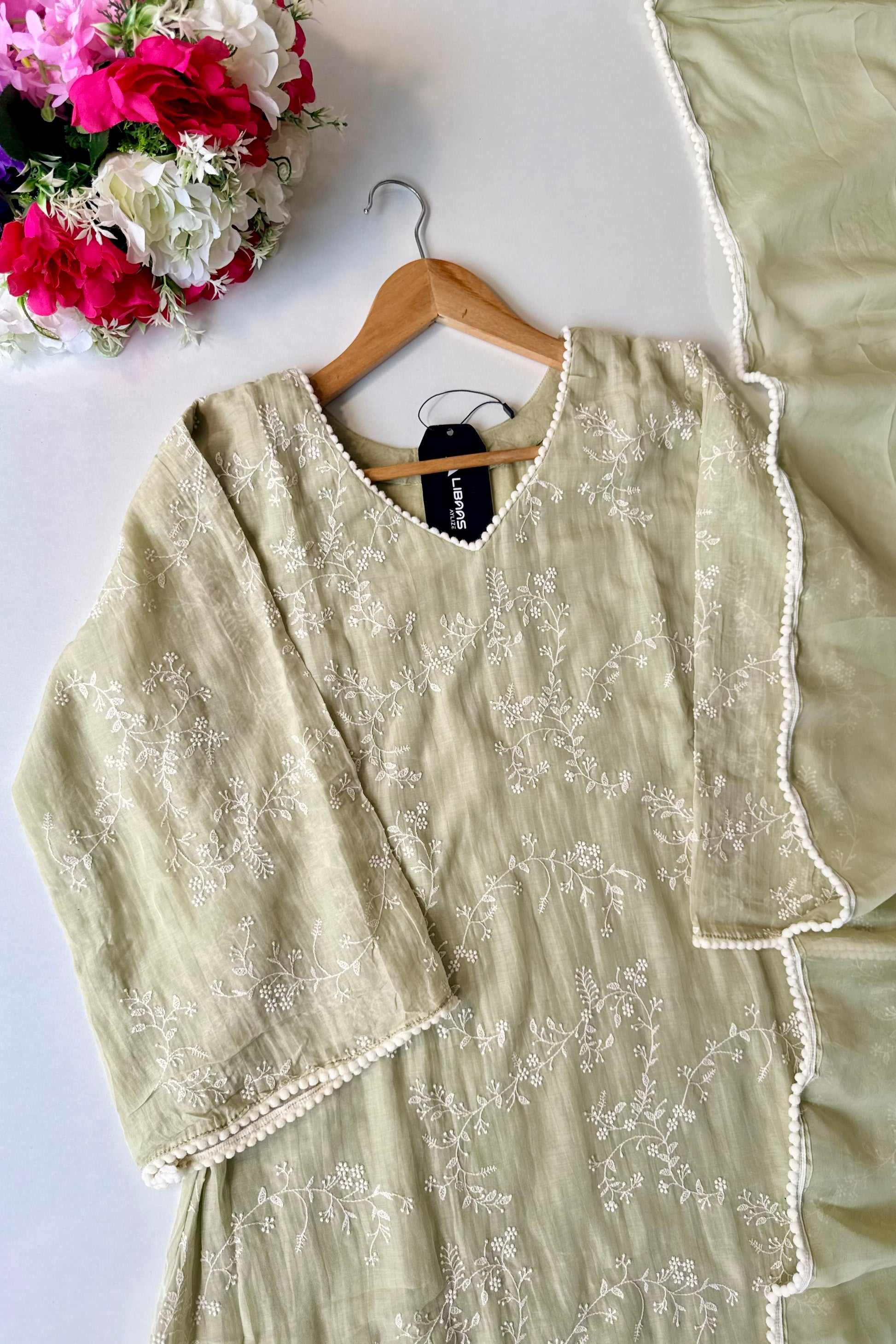 “Elina” Mint Green Mul Chanderi A Line Suit set 🛍️