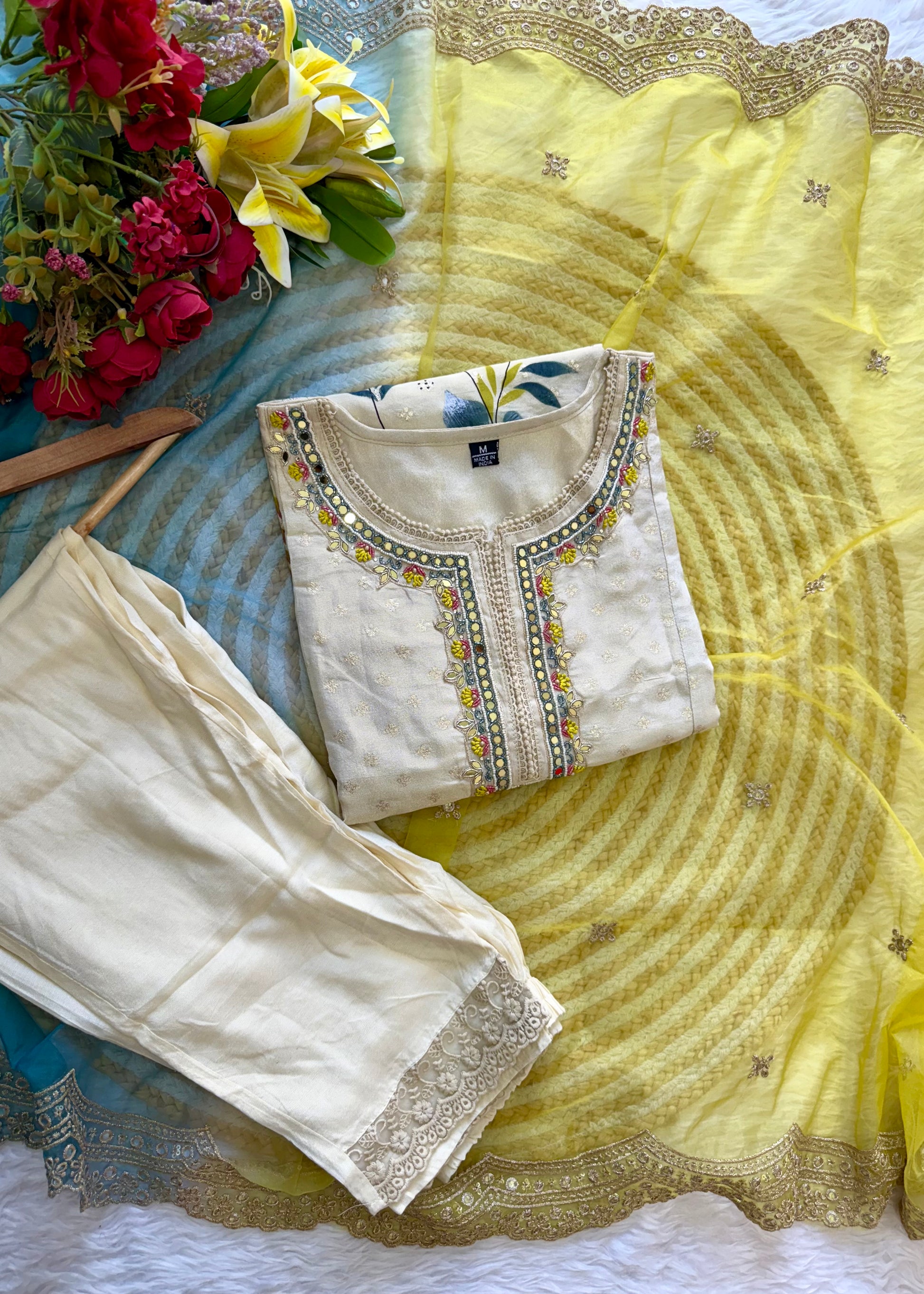 "Meera" Off white  jacquard short kurta set