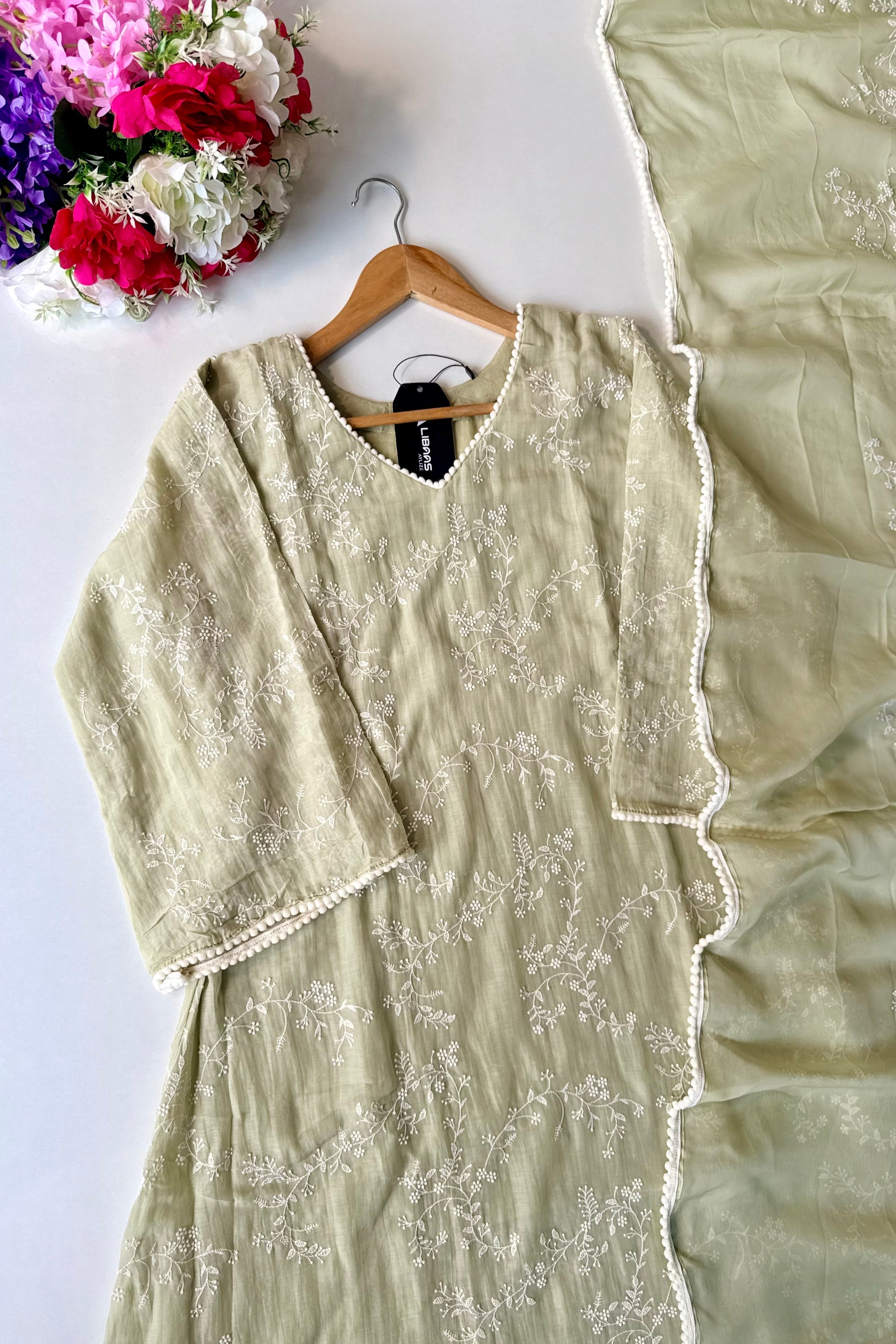 “Elina” Mint Green Mul Chanderi A Line Suit set 🛍️