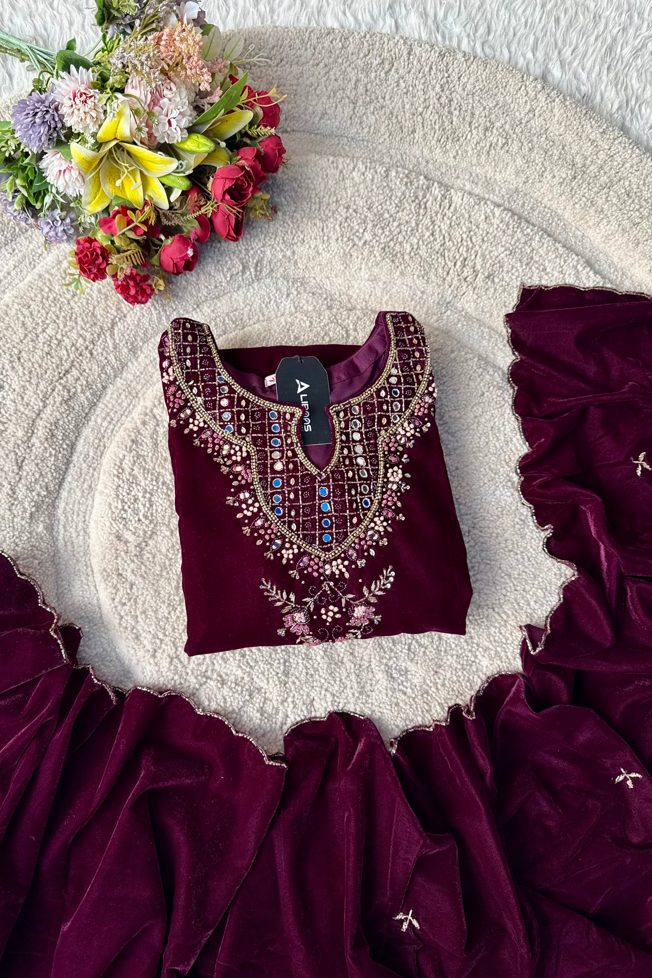 “Jivika” Maroon heavy velvet handwork suit set