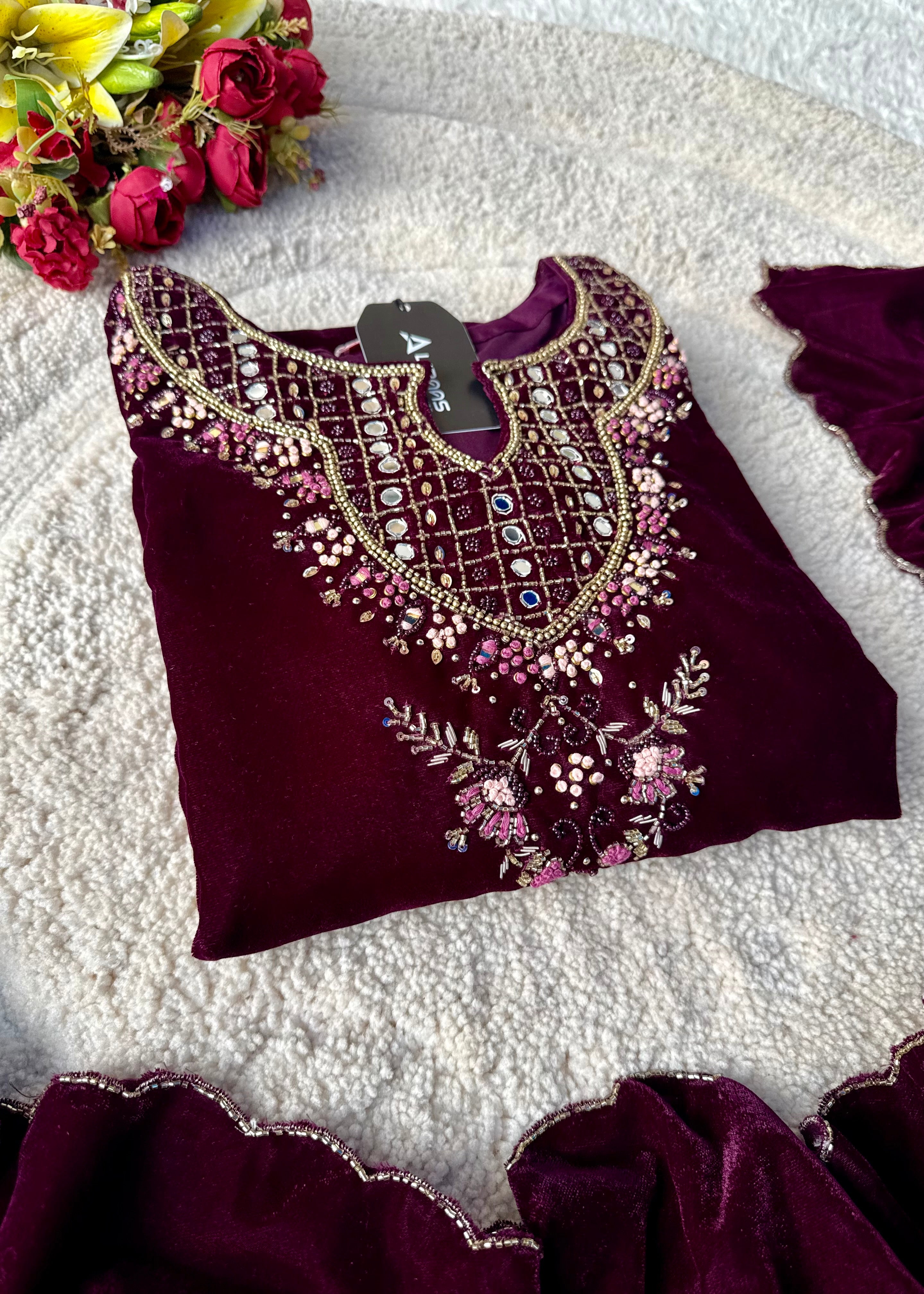 “Jivika” Maroon heavy velvet handwork suit set