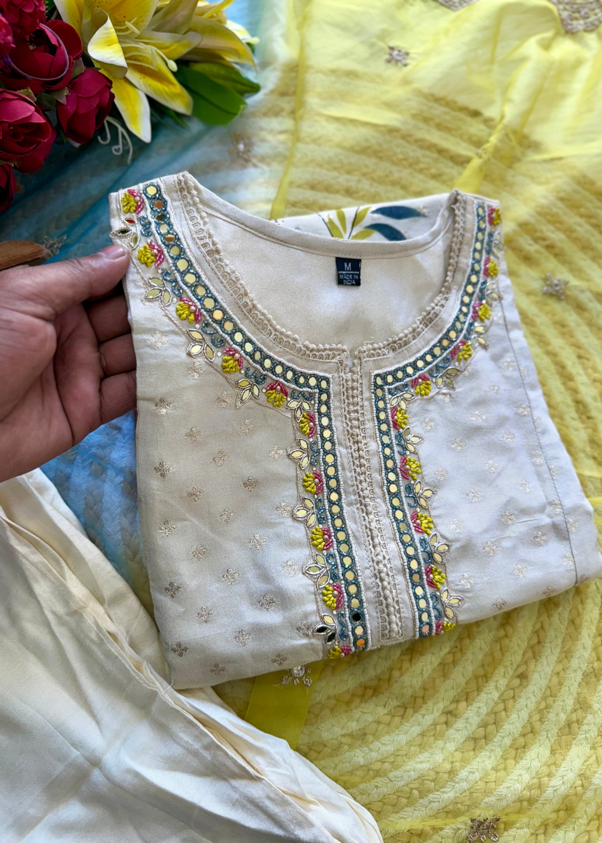 "Meera" Off white  jacquard short kurta set