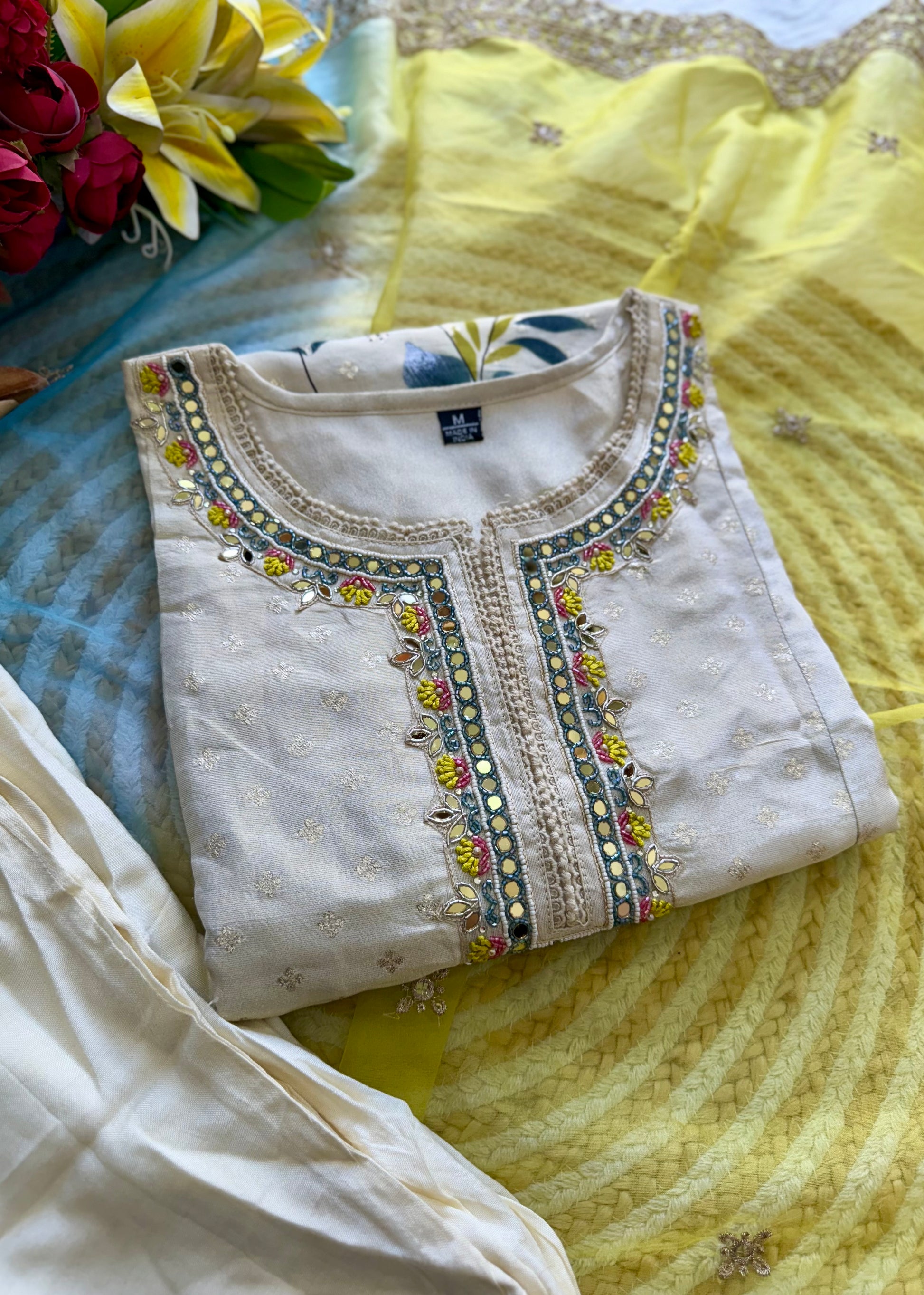 "Meera" Off white  jacquard short kurta set
