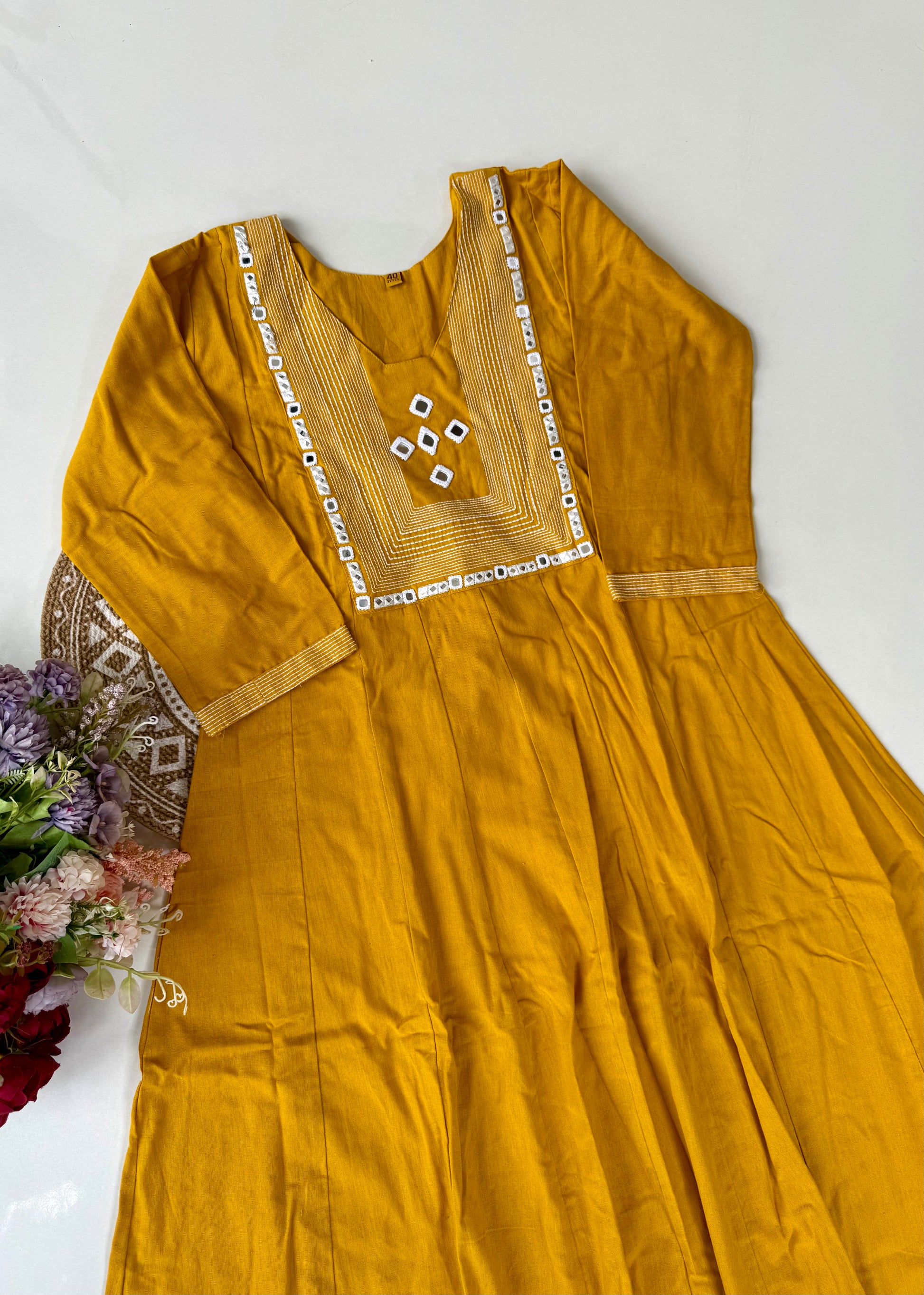 “IRYA" Yellow Mirror work cotton Anarkali kurta set