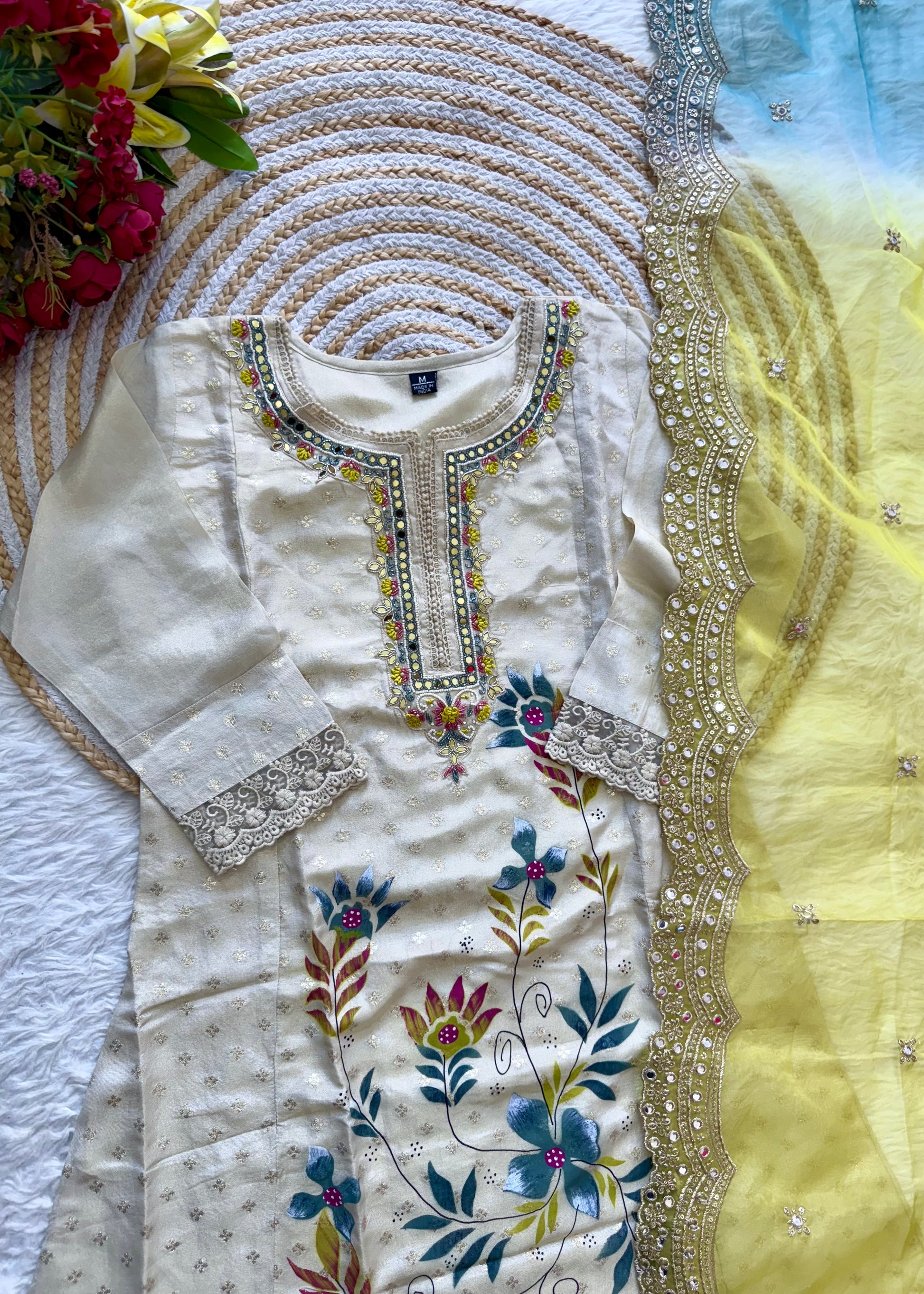 "Meera" Off white  jacquard short kurta set