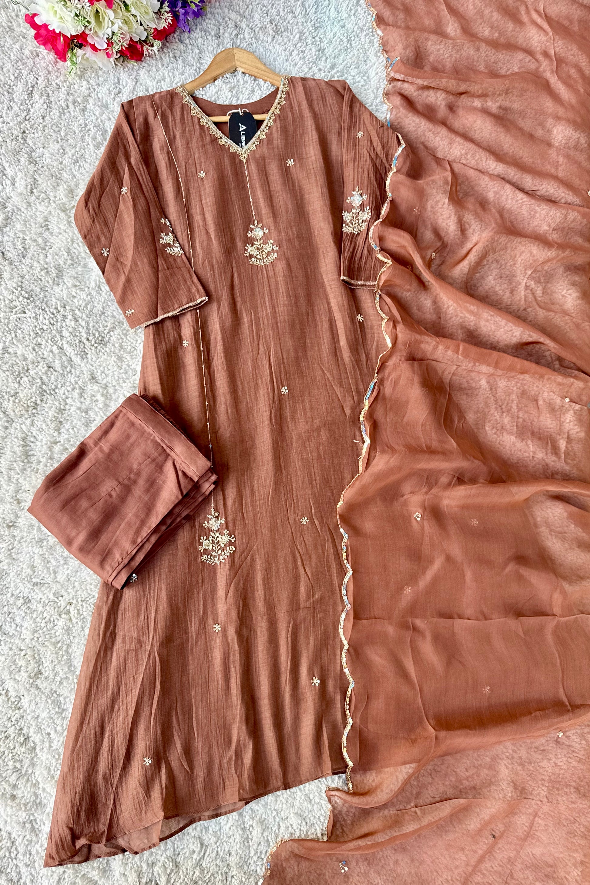 ”Grace- Premium Rich Brown Mul Chanderi Kurta Set 🛍️