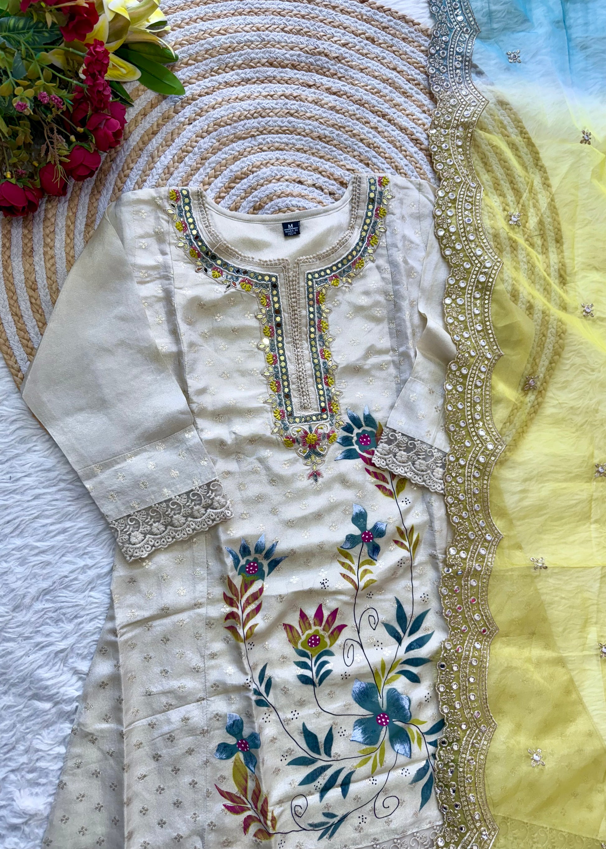 "Meera" Off white  jacquard short kurta set