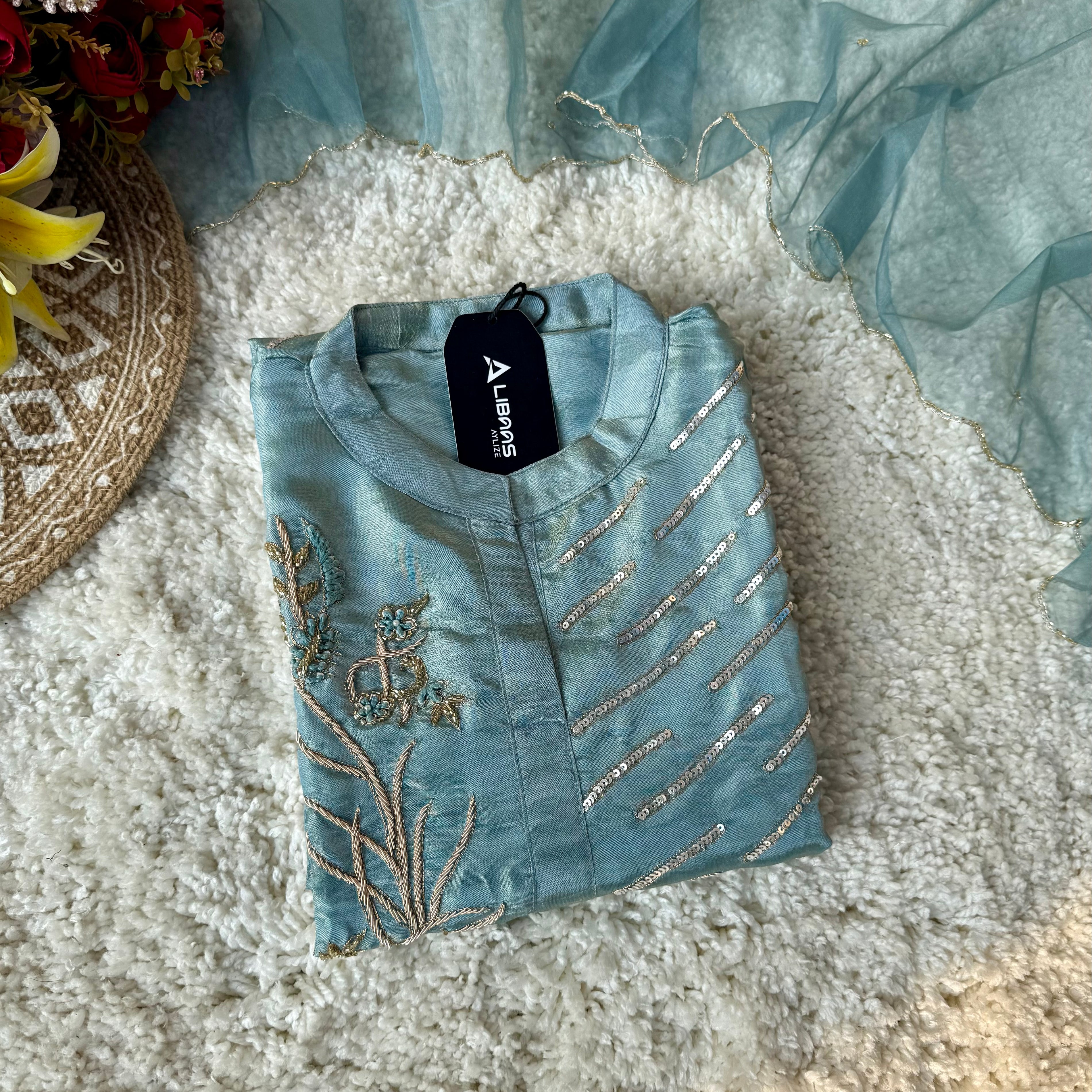 “Zena” Premium Teal Blue Tissue Silk Kurta Set with Elegant Handwork