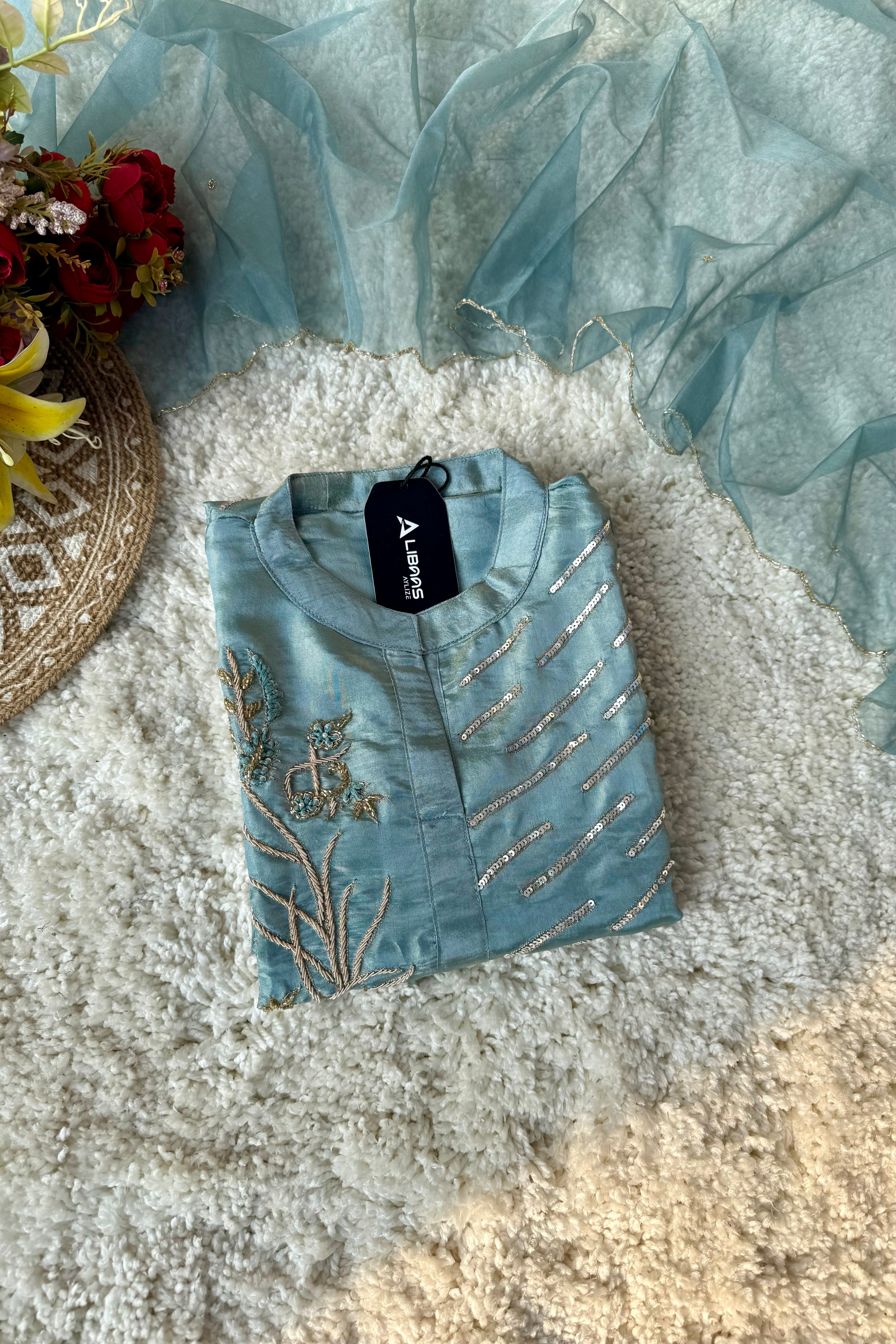 “Zena” Premium Teal Blue Tissue Silk Kurta Set with Elegant Handwork