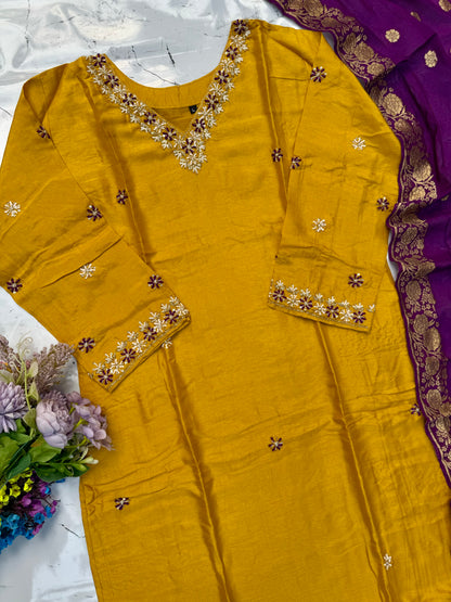 “Anannya” Beautiful Yellow V neck dola silk kurta set