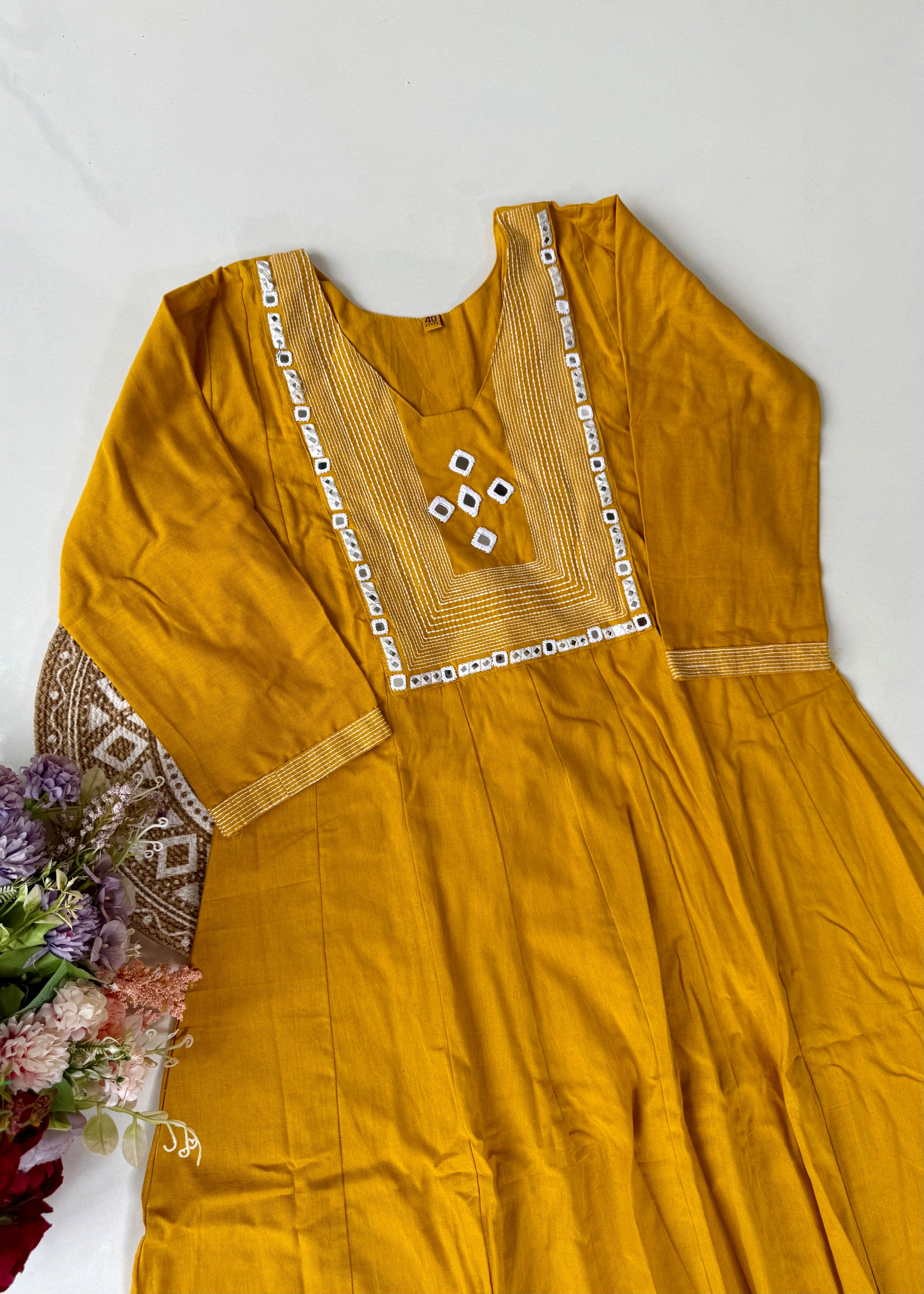 “IRYA" Yellow Mirror work cotton Anarkali kurta set