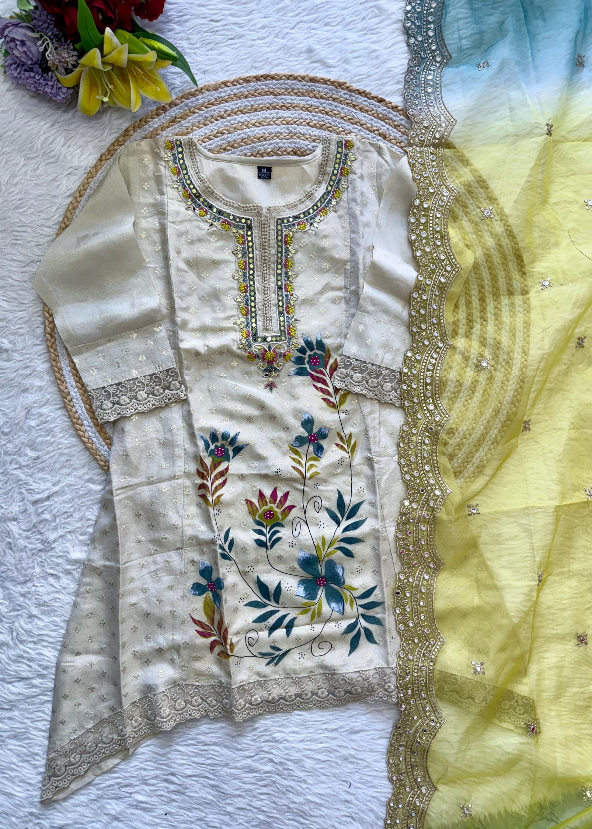 "Meera" Off white  jacquard short kurta set