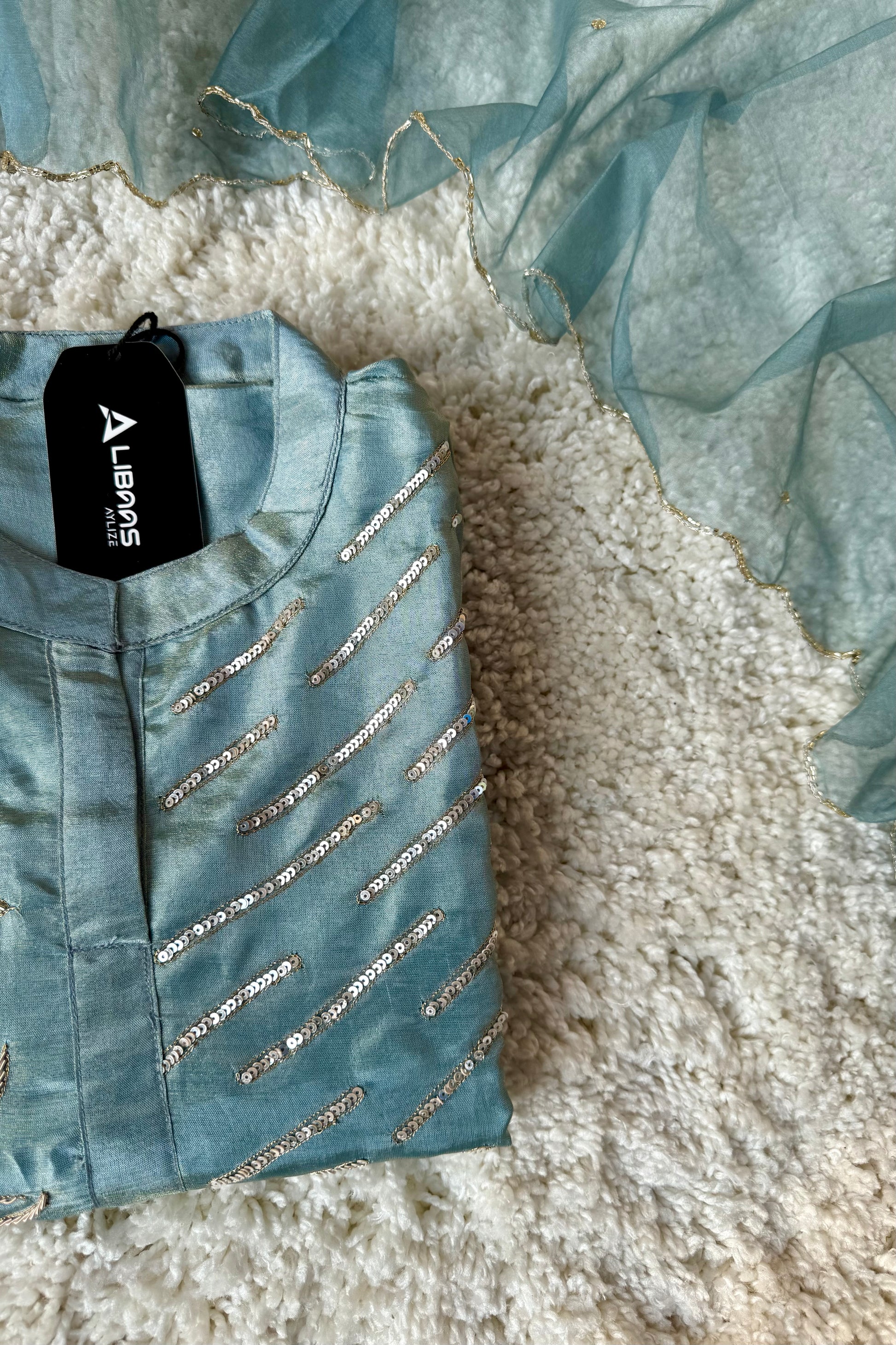 “Zena” Premium Teal Blue Tissue Silk Kurta Set with Elegant Handwork