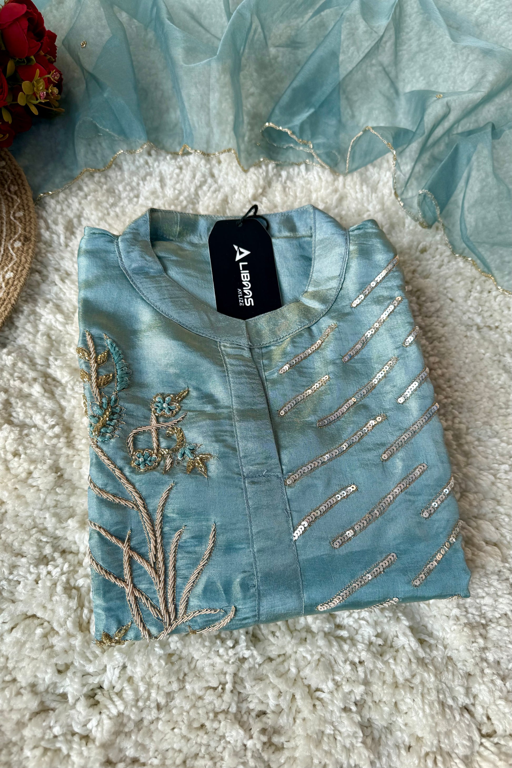 “Zena” Premium Teal Blue Tissue Silk Kurta Set with Elegant Handwork